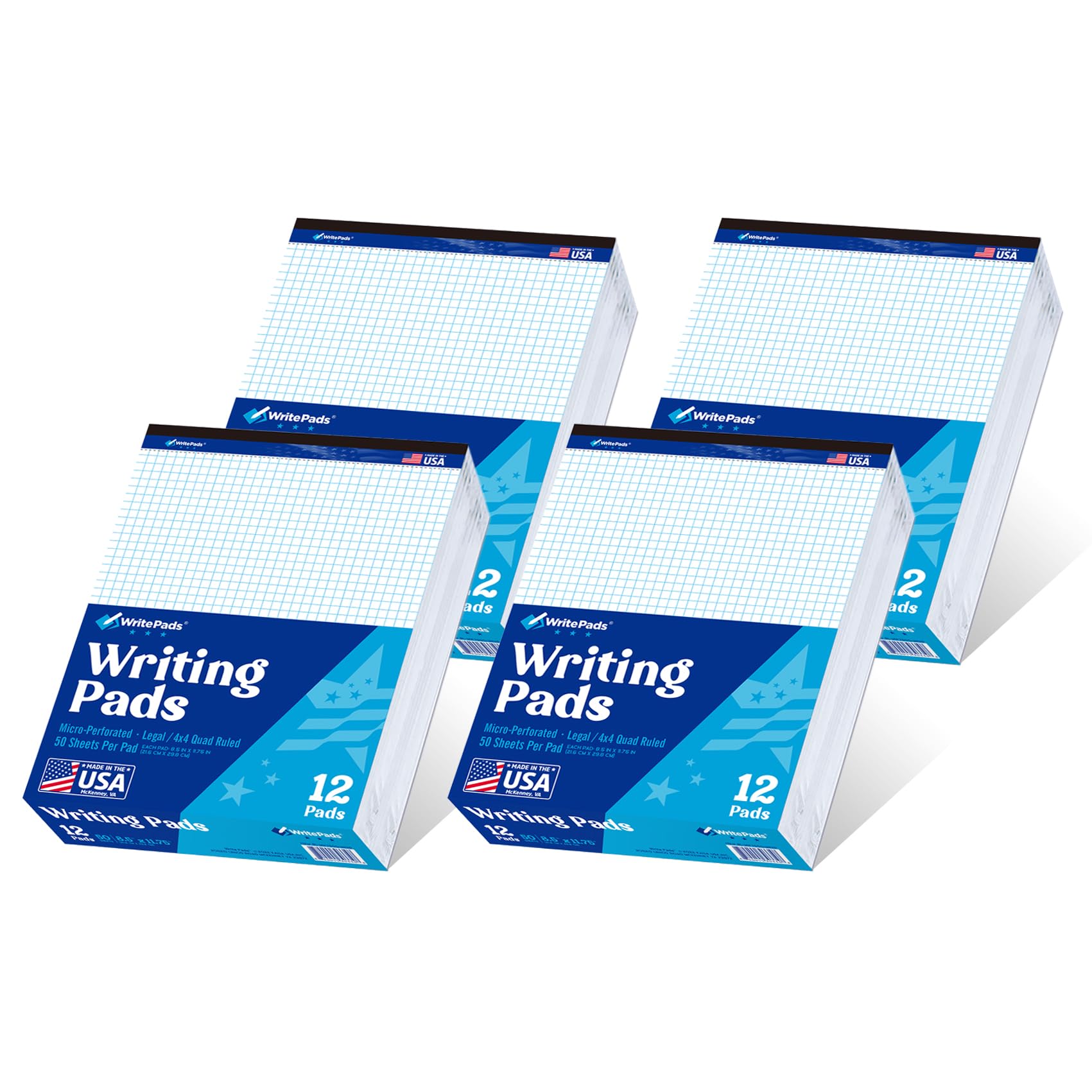 WritePads Graph Paper Note Pads, Quad Ruled (4x4) Paper pad, 8.5x11 inch Grid Notebook Paper Pad, 50 Sheets,48 Pack per Carton, Micro perforated Engineering Paper Notebook, Made In The USA.