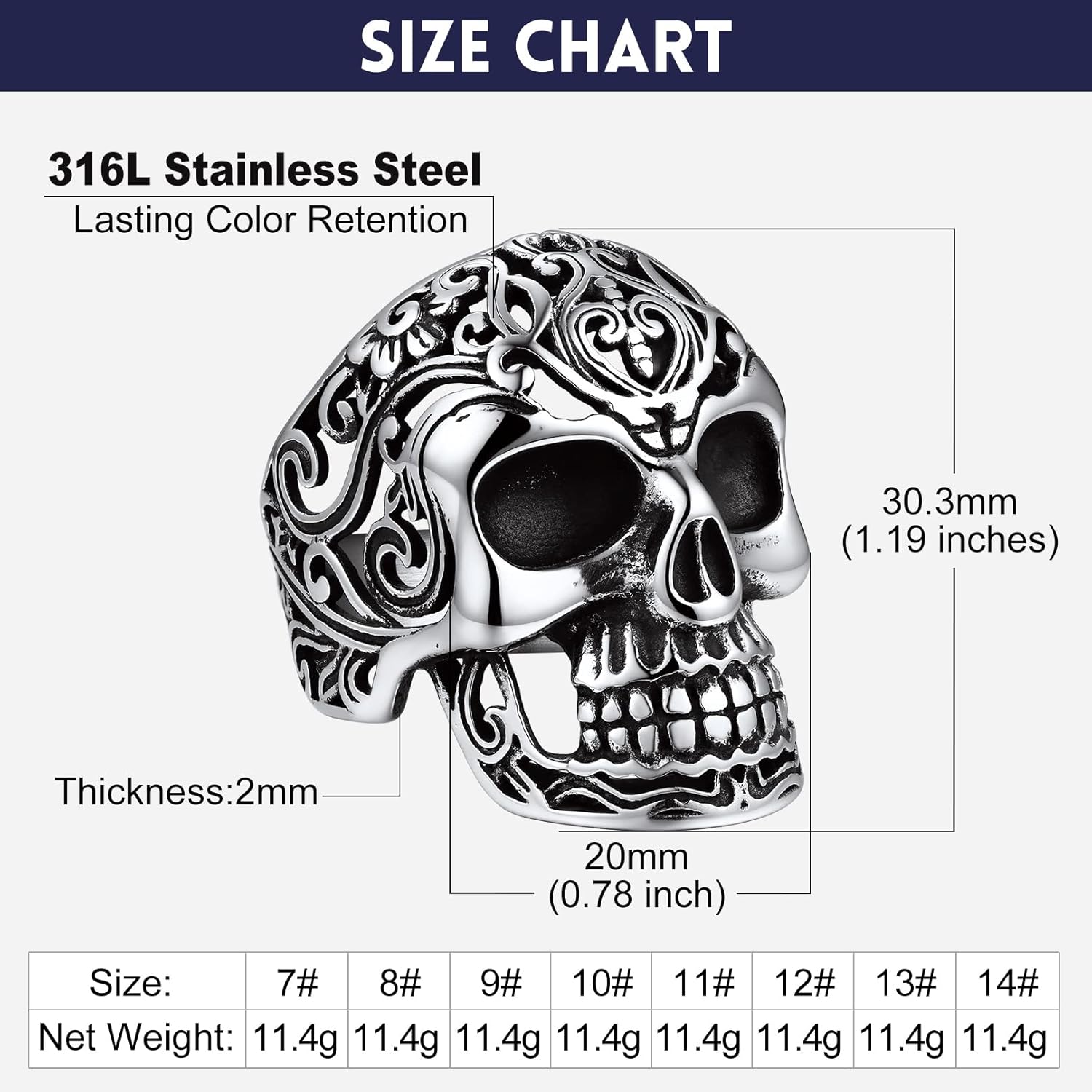 Bandmax Mens Skull Rings, Stainless Steel Skull Skeleton Band Rings for Men Women Gothic Punk Biker Rings Size 7-14 - Image 6