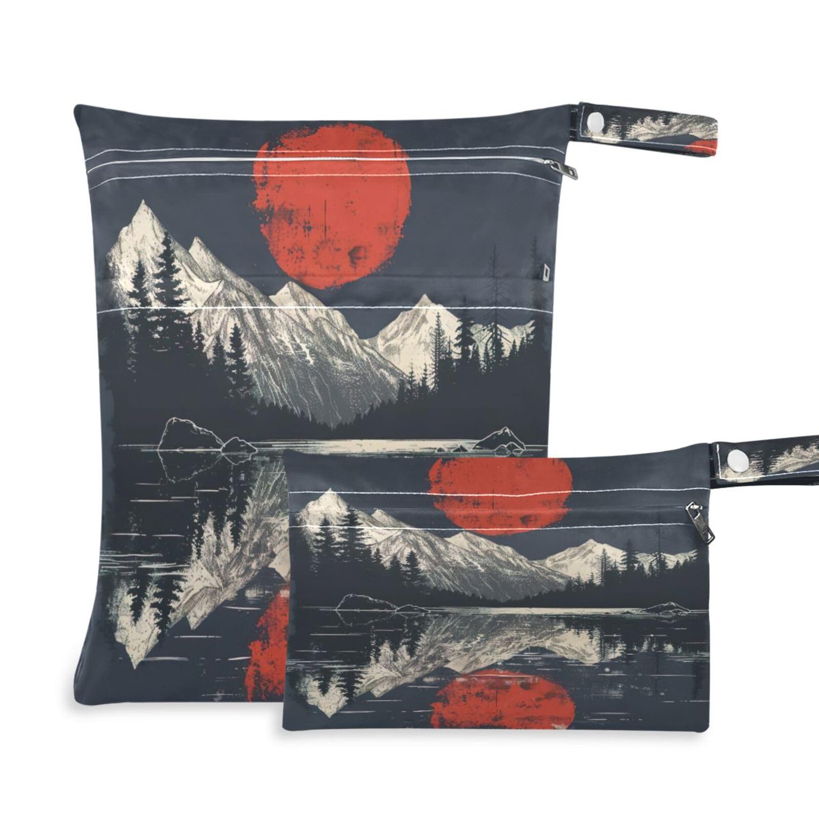 ATTX Red Sun Wet Dry Bags 2-Pack - Reusable Cloth Diaper Storage for Travel, Beach & Gym | Multi-Use Waterproof Bags for Swimsuits, Baby Clothes, Sports Gear#423