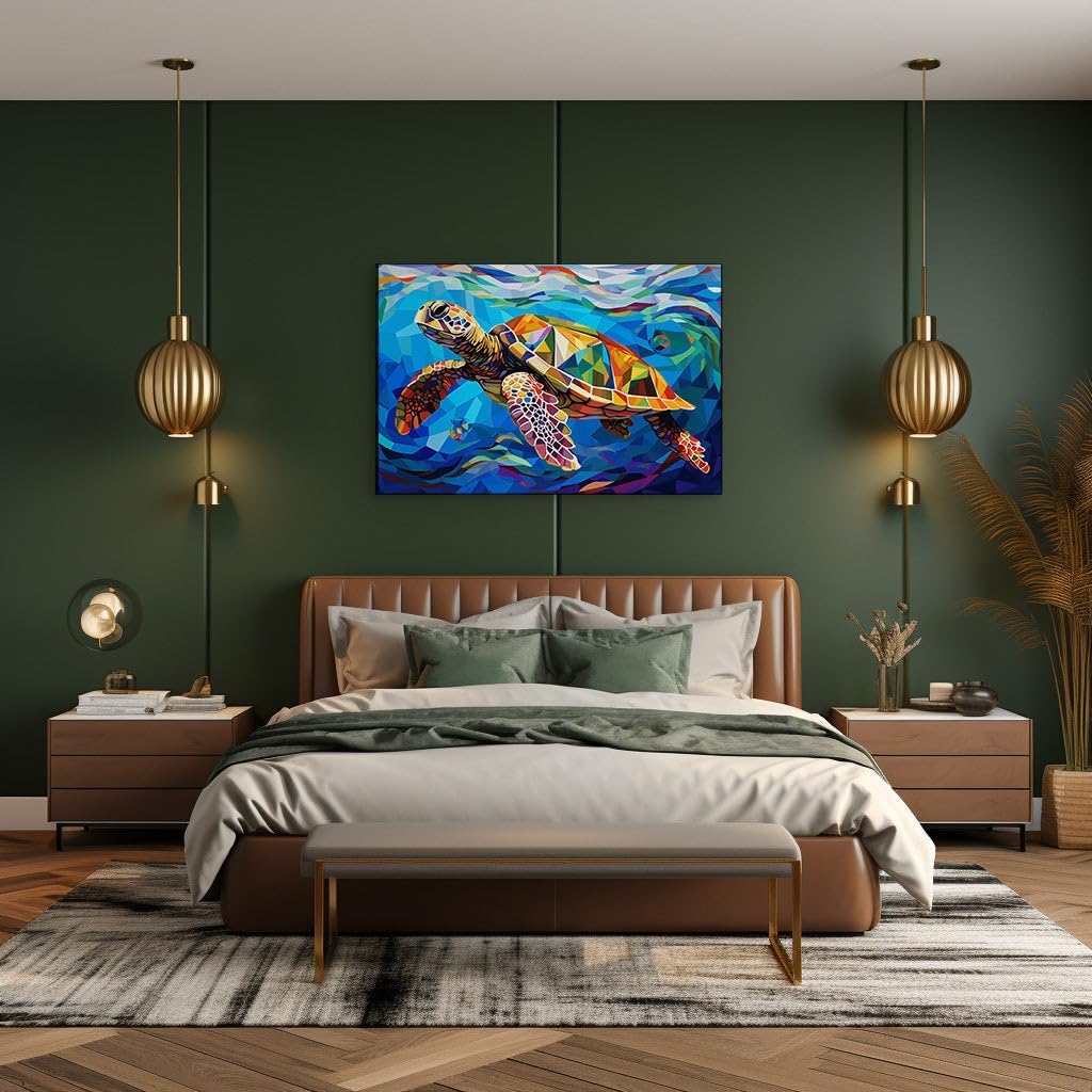 Canvas for Living room. Underwater Odyssey: A Geometric Expedition With the Noble Sea Turtle, 27 x 18 inch Canvas Wall Art - Ocean - Modern Home Decor