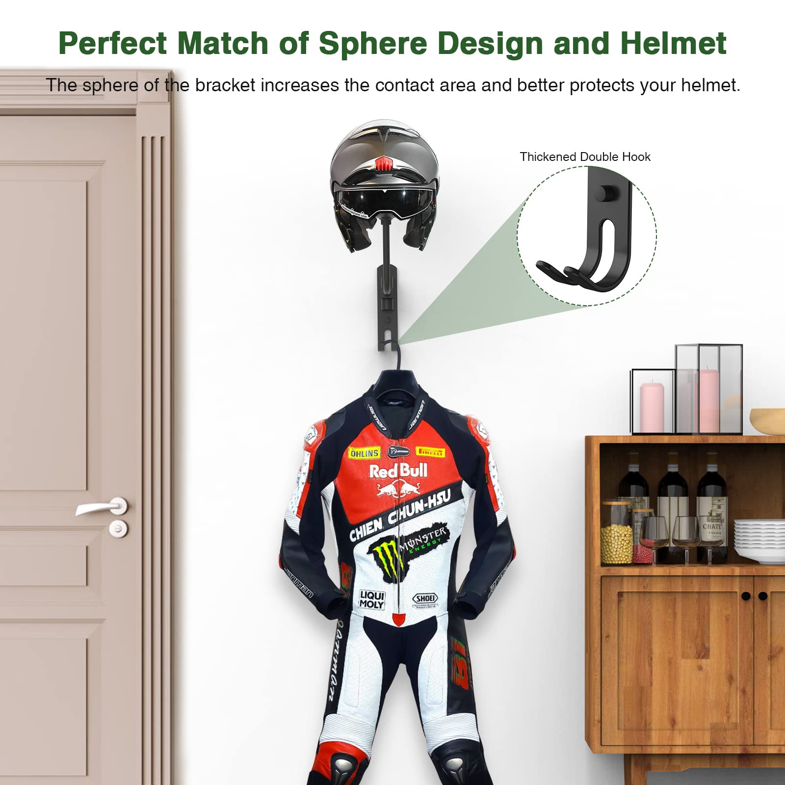 Jeebel Helmet Rack Wyświetlacz Kask Motocyklowego Uchwyt ścienny 180° Obrotowy z Podwójnym Wieszakiem Hak do Dekoracyjnego Wyświetlania Kasków Rowerowych Motocyklowych