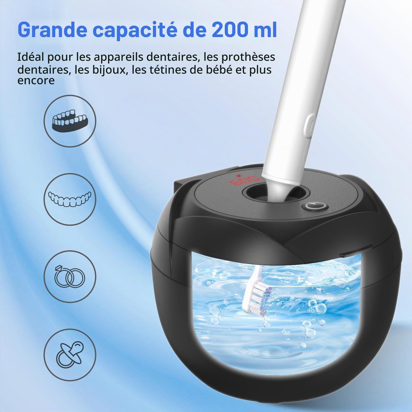 Nettoyeur Ultrasons 45000Hz Gouttière Dentaire 4 Lampes UV 200ml 4 Modes Nettoyage Prothèses Dentaires Bijoux Noir