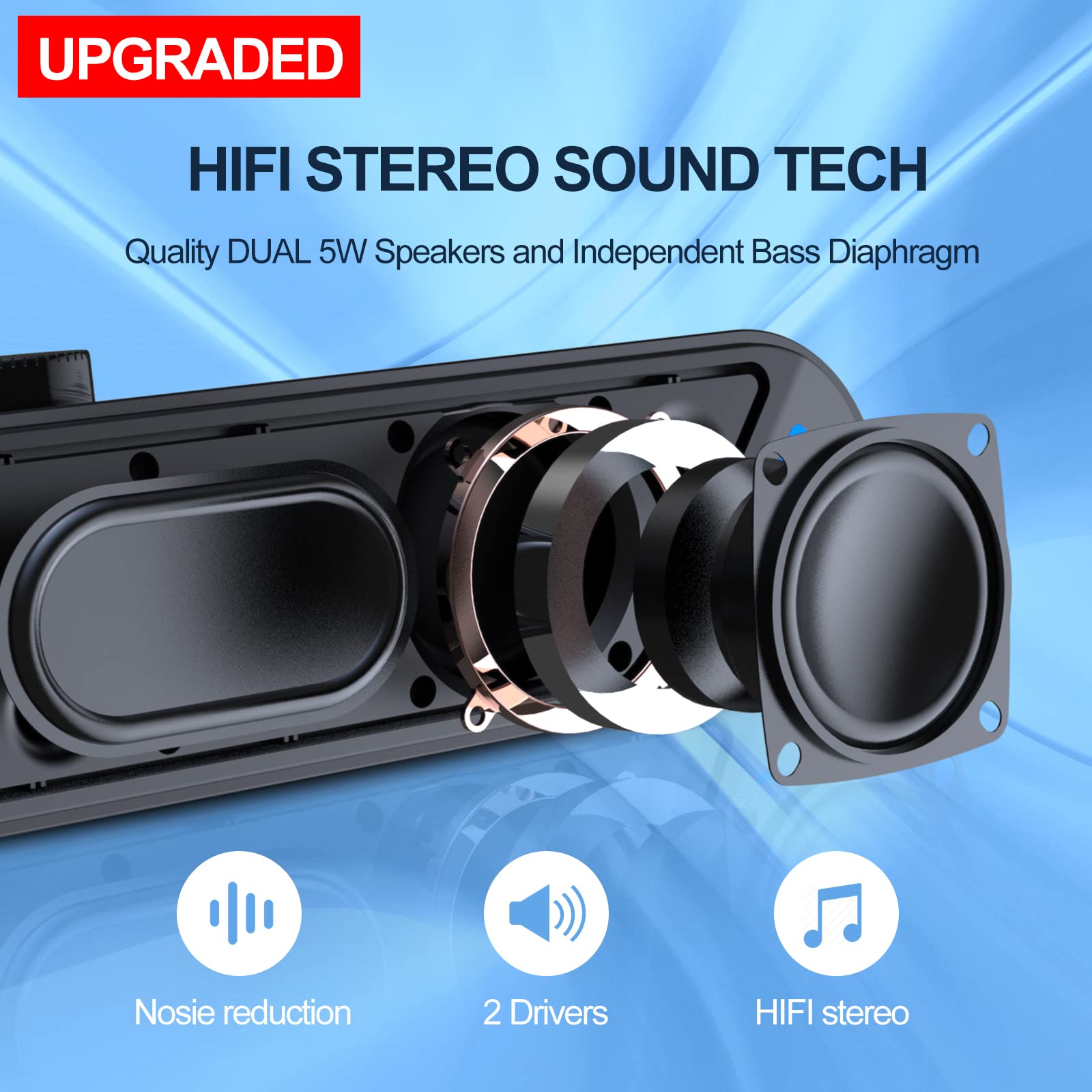 LENRUE Computer Speakers,Wired USB-Powered Sound-bar with 10W Stereo Sound for PC Desktop,Plug-n-Play (A39PRO /Black) - Image 2