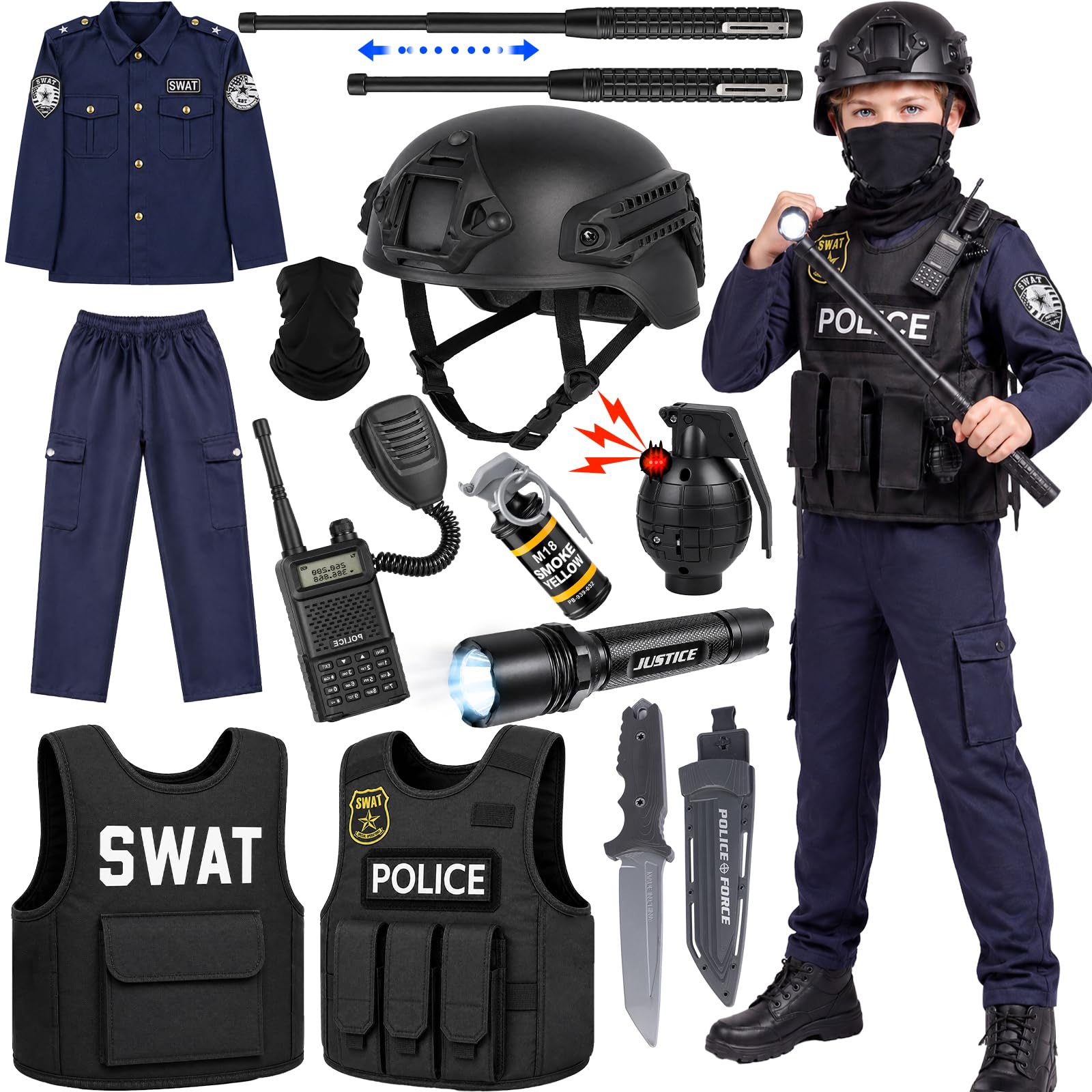 YADIYA Halloween SWAT Police Costume for Kids Boys Cop Costume Swat Vest