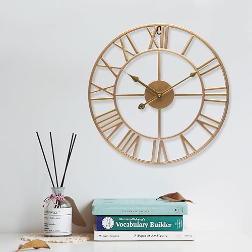 Reloj de pared grande de 19 pulgadas con números romanos dorados, reloj de metal, funciona con pilas, silencioso, sin tictac, reloj moderno redondo