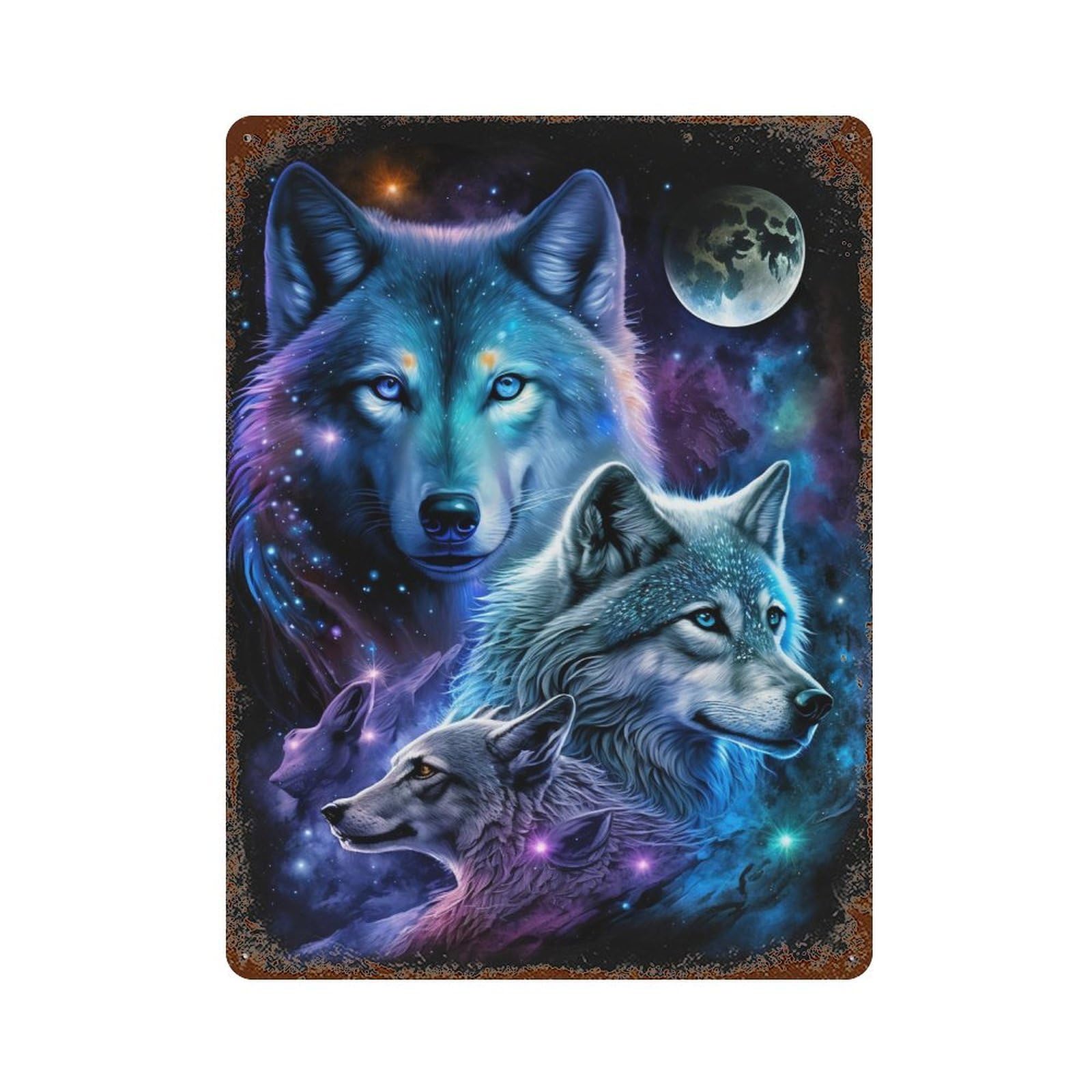 Cosmic Wolf Trio Art Print Rust Effect Tin Sign 15.7"x11.8", Vintage Wall Decor for Bistro, Counter And Cafe Decor