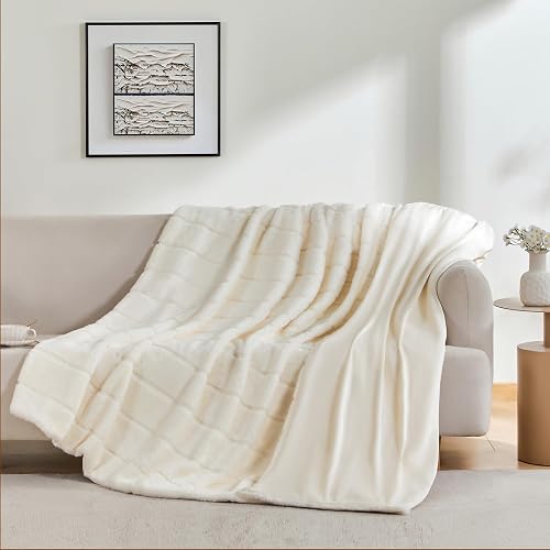 ALPHA HOME, Faux Rabbit Fur Throw Blanket, Polyester, Cream |