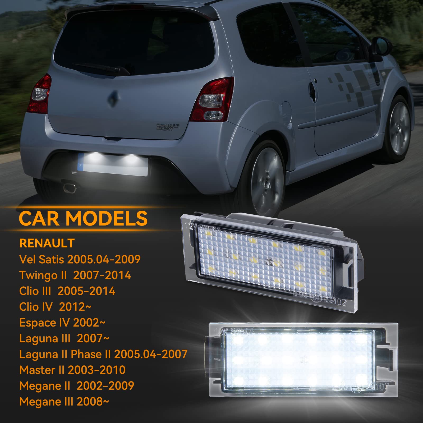 POPMOTORZ Éclairage de plaque d'immatriculation LED pour Renault Vel Satis Twingo 2 Clio 3 Clio 4 Espace 4 Laguna 3 Laguna 2 Phase 2 Master 2 Megane 2 Megane 3 2835 SMD avec CAN-Bus, 2 Pièces