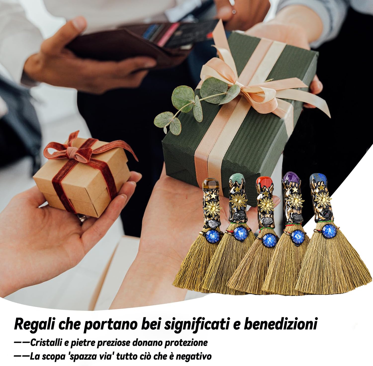 Scopa per Altare della Strega di Cristallo Artigianale con Pietre Naturali e Incisioni Zodiacali per Meditazione Guarigione Yoga Leone