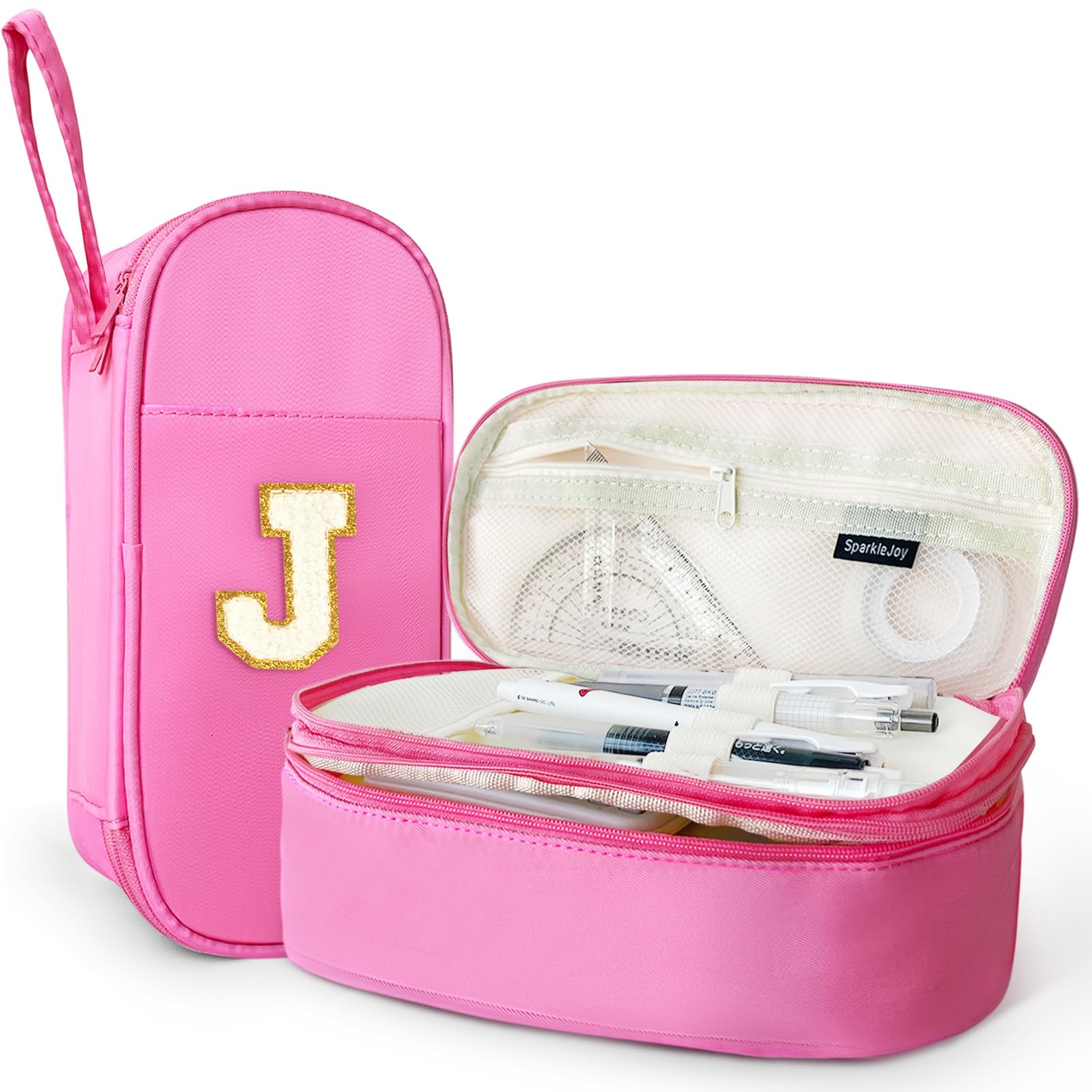 SparkleJoy Large Pencil Case for Girls, Personalised with Plush Letter (A-Z), Double Compartment School Supplies for Pens & Stationery, Cute Kawaii Gift for Teens & Adolescents&Woman (J, Pink)