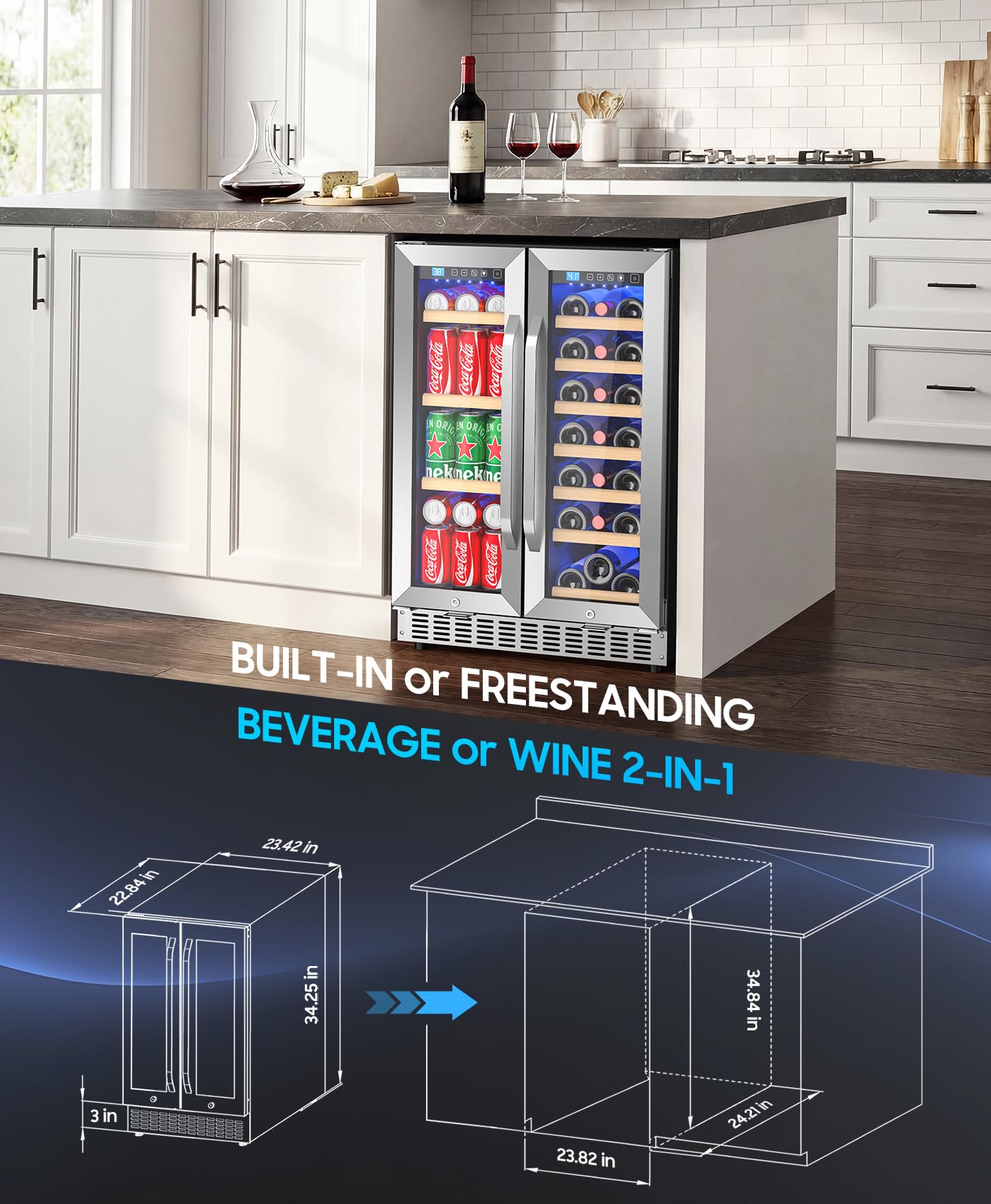 Eorice Wine And Beverage Refrigerator With Glass Door, 24-Inch Dual Zone Wine Fridge Under Counter - 21 Bottle And 60 Can Large Capacity LED Blue Light Smart Fast Cooling Wine Cooler Drink Fridge on Fridge.com - View 6