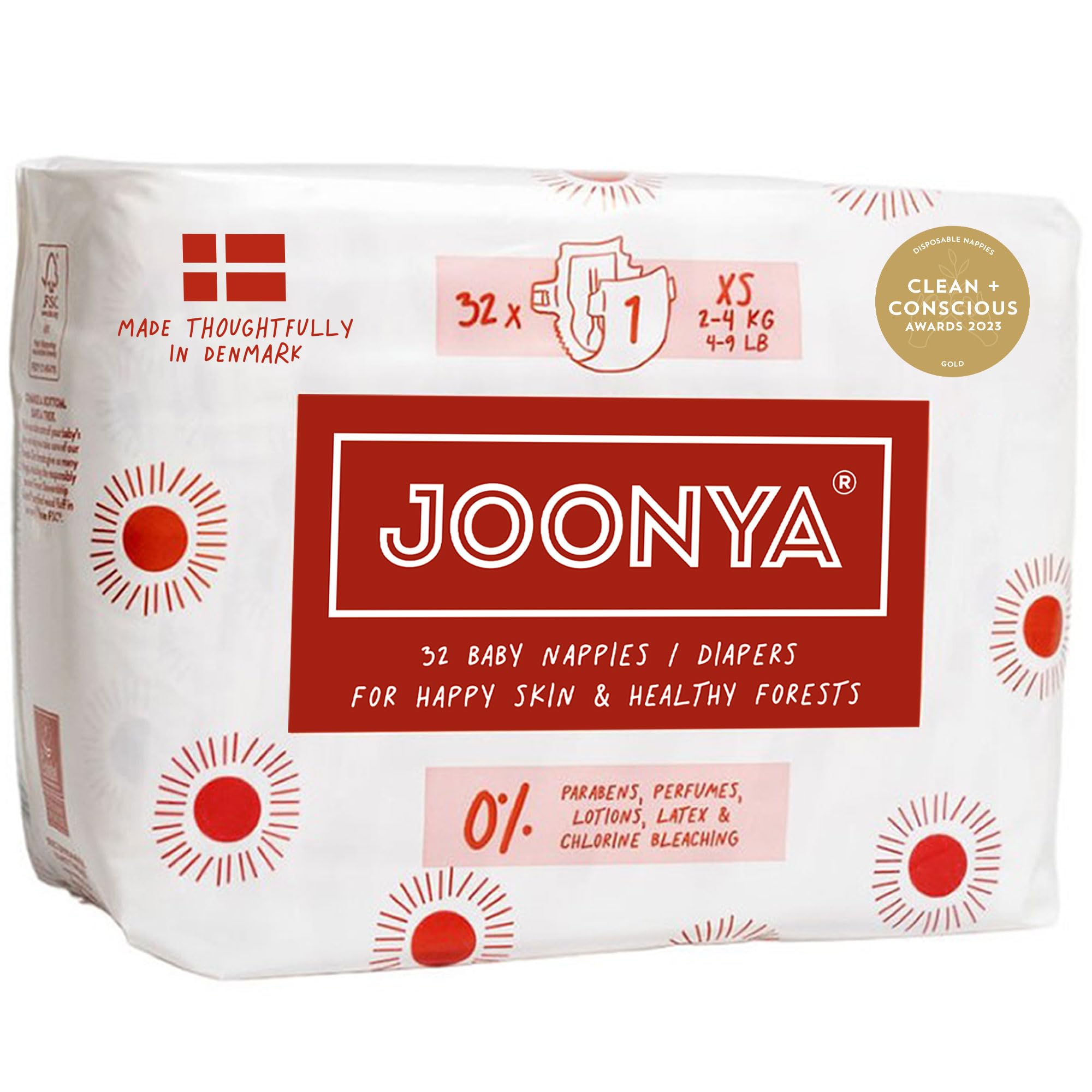 Joonya Baby Diapers, Size 1 XS (4-9 lb) - 1 Bag of 32 - Non Toxic, Eco-Friendly, High Absorbency, Overnight Use, Ultra Slim & Soft - Made in Denmark