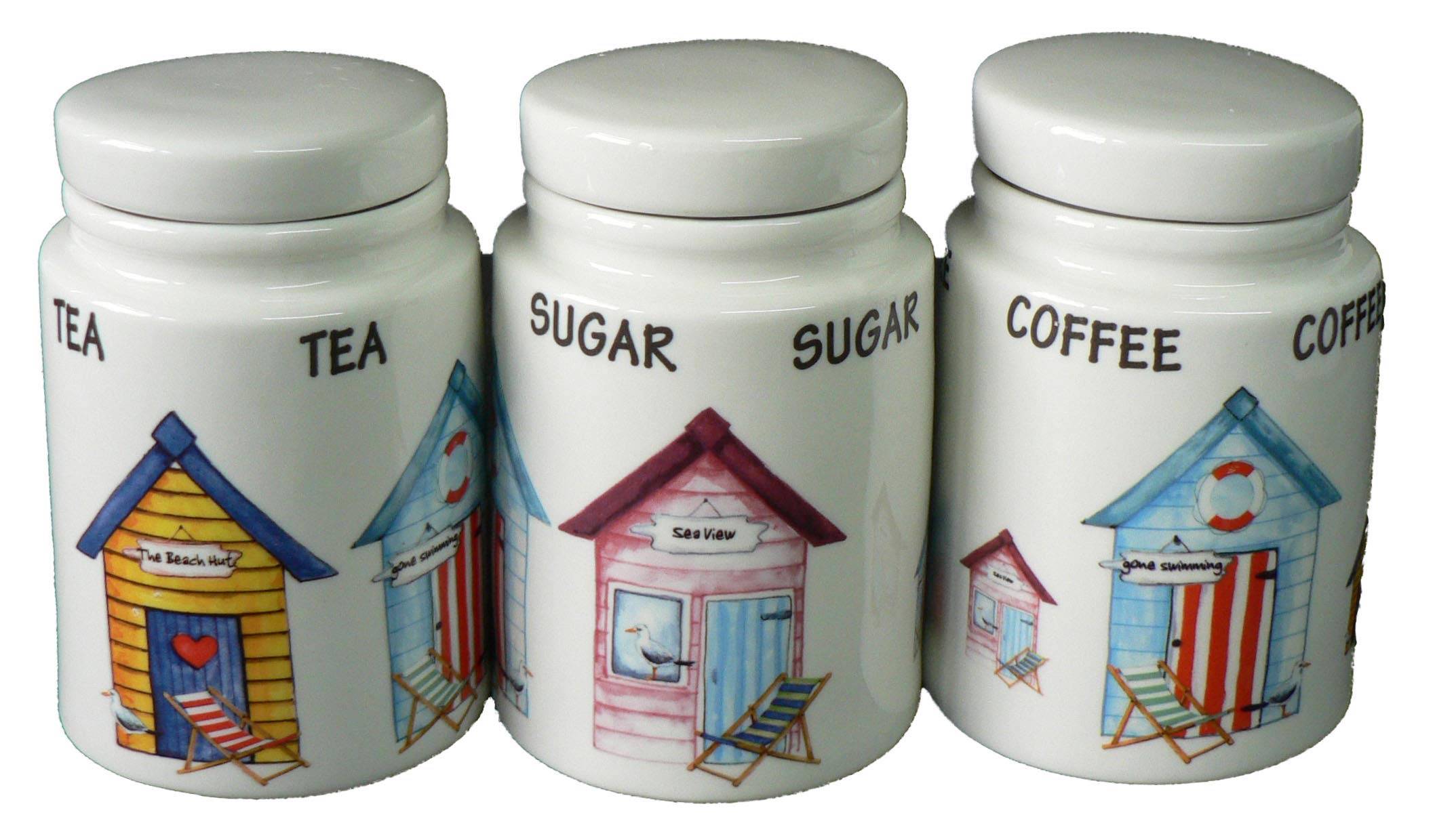 Beach Huts Small White Ceramic Tea Sugar Coffee Storage Jars -Set of 3 canisters