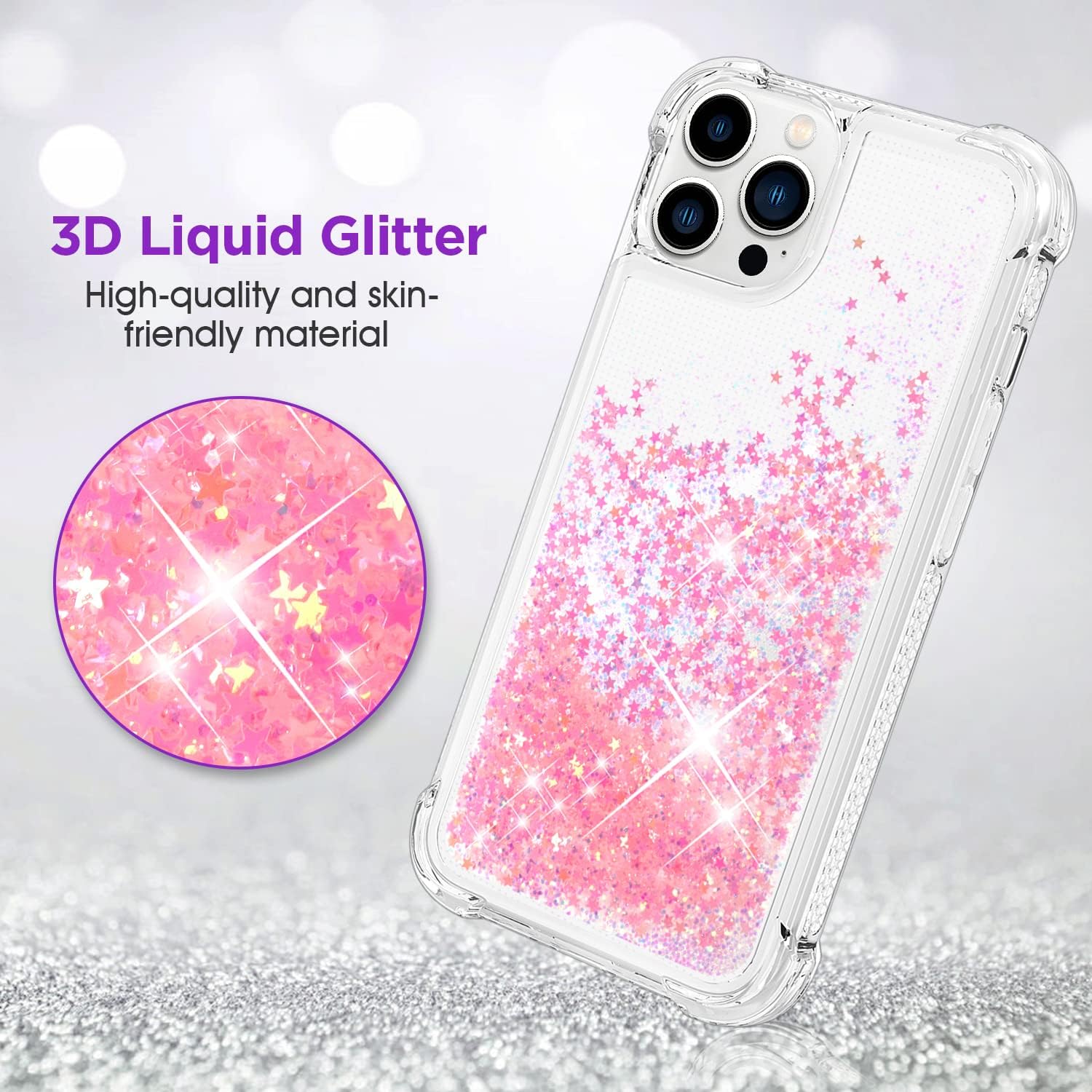 ANSHOW Compatible with iPhone 14 Pro Max Case Glitter, Shockproof Clear TPU Case with 2 Screen Protectors, Bling Light Pink Glitters for Women - Image 2