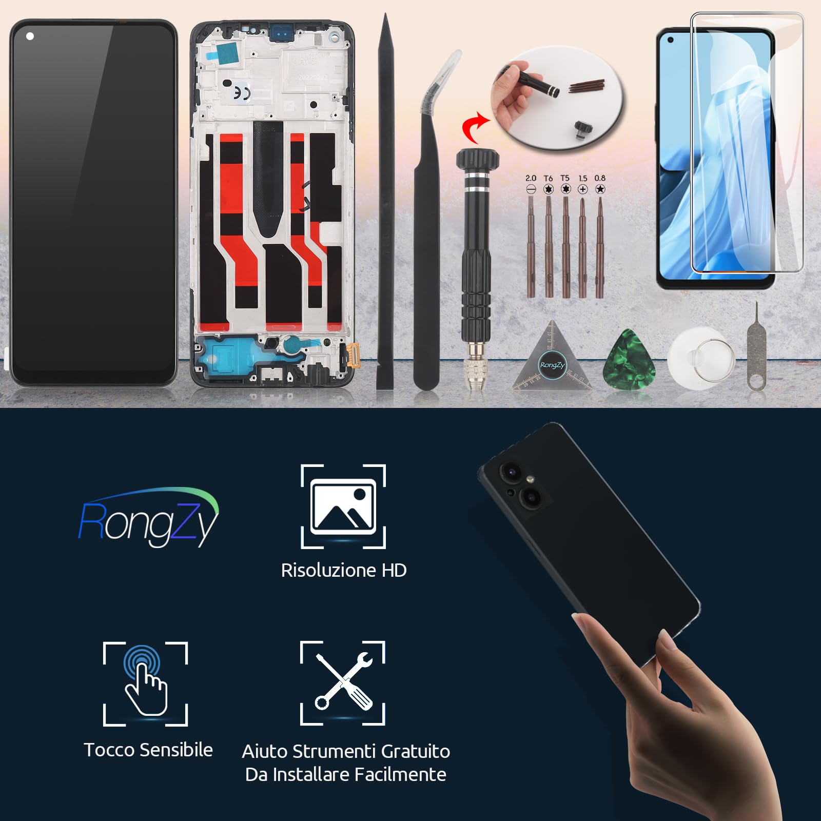 SRJTEK Schermo LCD Per Oppo Reno5 Z / A94 5G – 6,43 Pollici Con Telaio Nero E Kit Strumenti Riparazione