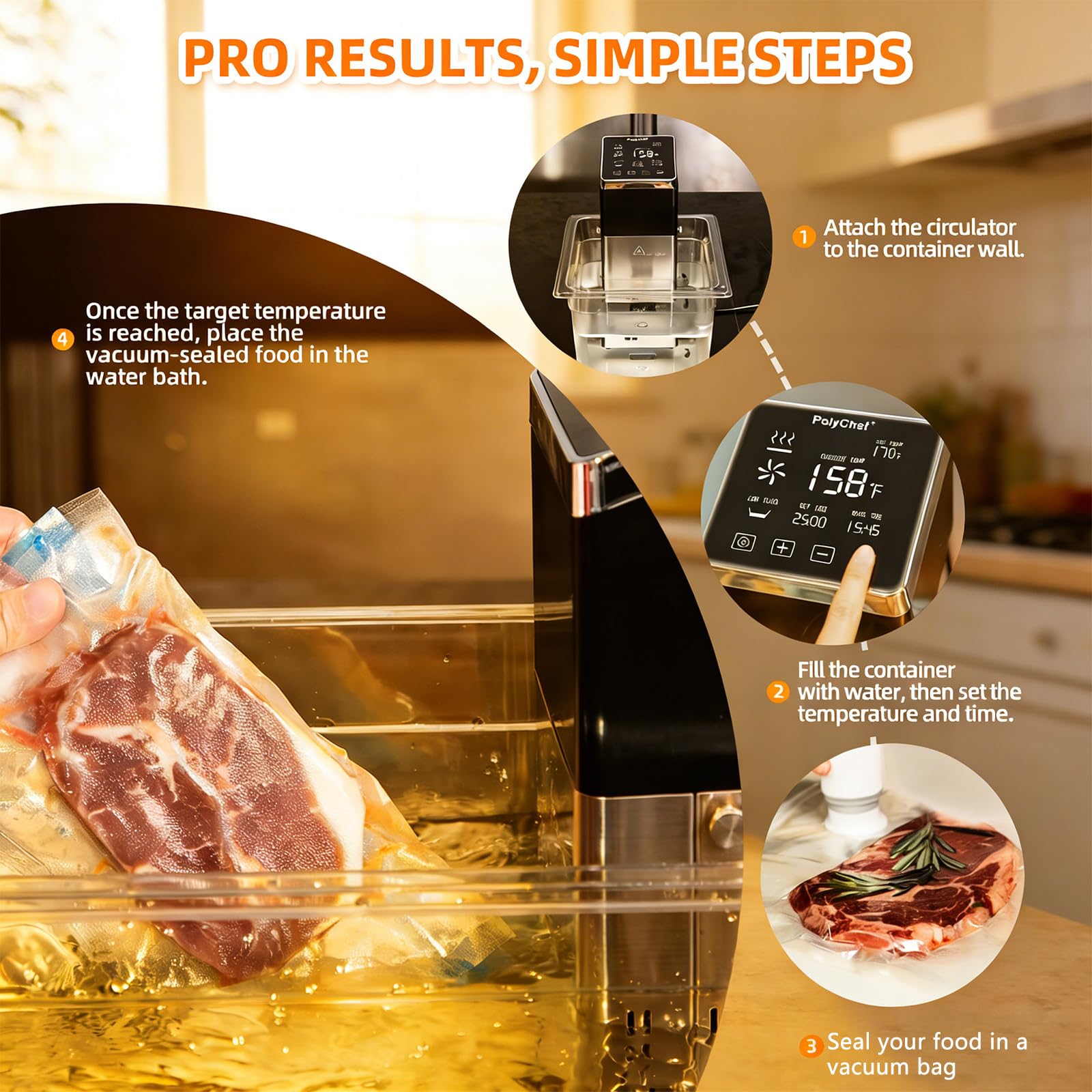Cocinero Circulador Sous Vide de 1600W con Pantalla Táctil, Calentamiento Rápido, para Chefs, Carnes, Mariscos y Verduras en Casa