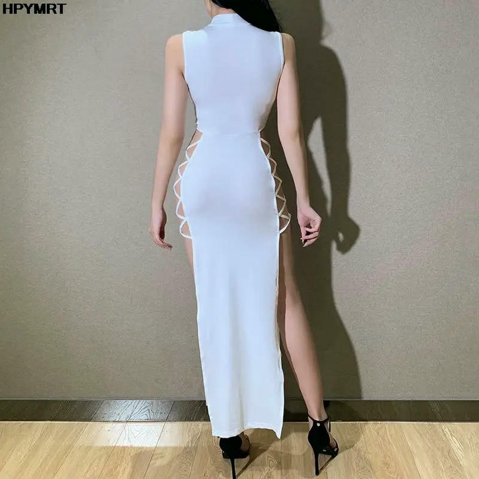 Vestito Elegante Donna Bodycon Midi Abito Slim Fit Collo Rotondo Estivo Nero Bianco Colore Festa Casual Giornaliero-Black-l