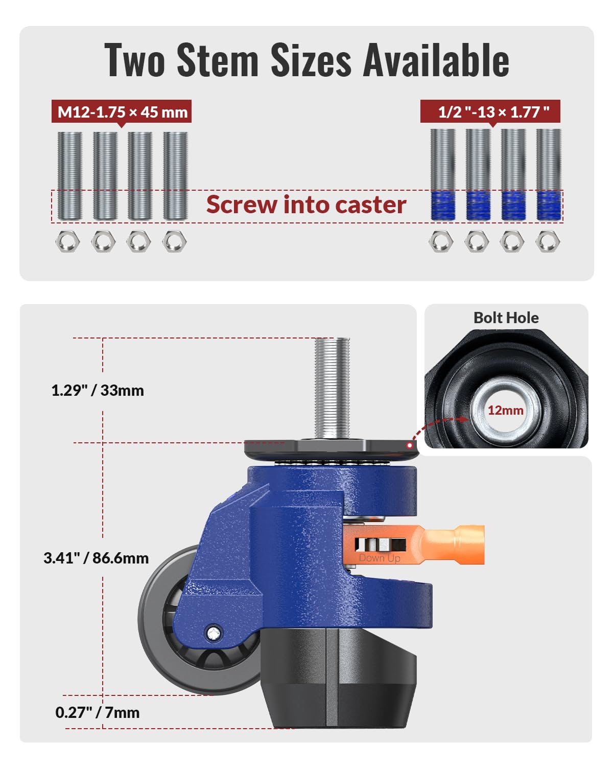 HOLKIE Zwaarlastwielen, zwenkwielen, verlaagbaar, in hoogte verstelbaar, voor werkbank, M12 en 1/2 inch intrekbare meubelwielen, set van 4, industriële wielen, totale capaciteit 1000 kg