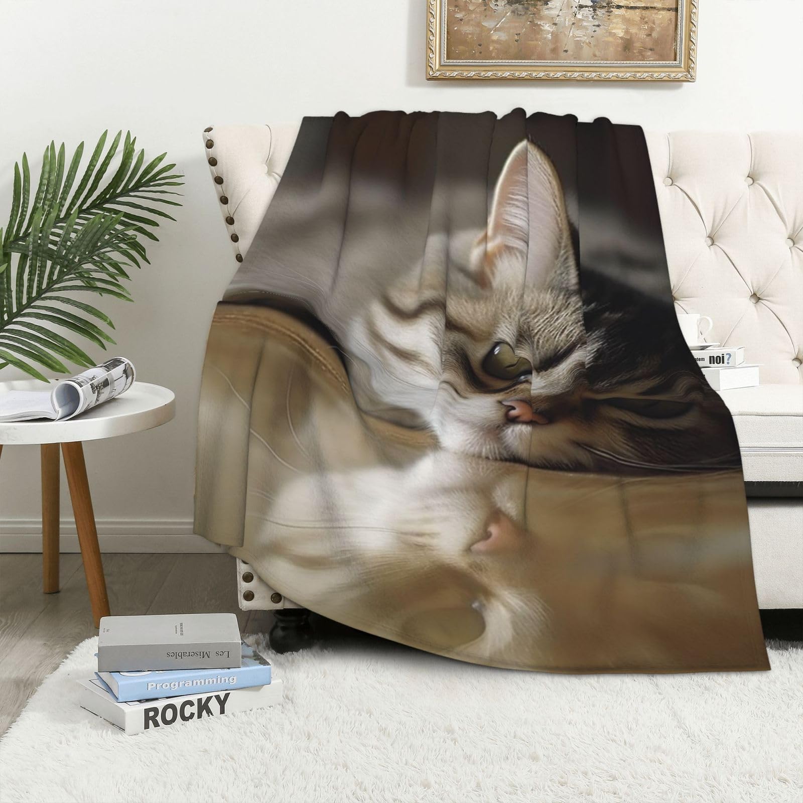 Couverture polaire légère et chaude réversible motif chat pelucheux 101,6 x 152,4 cm