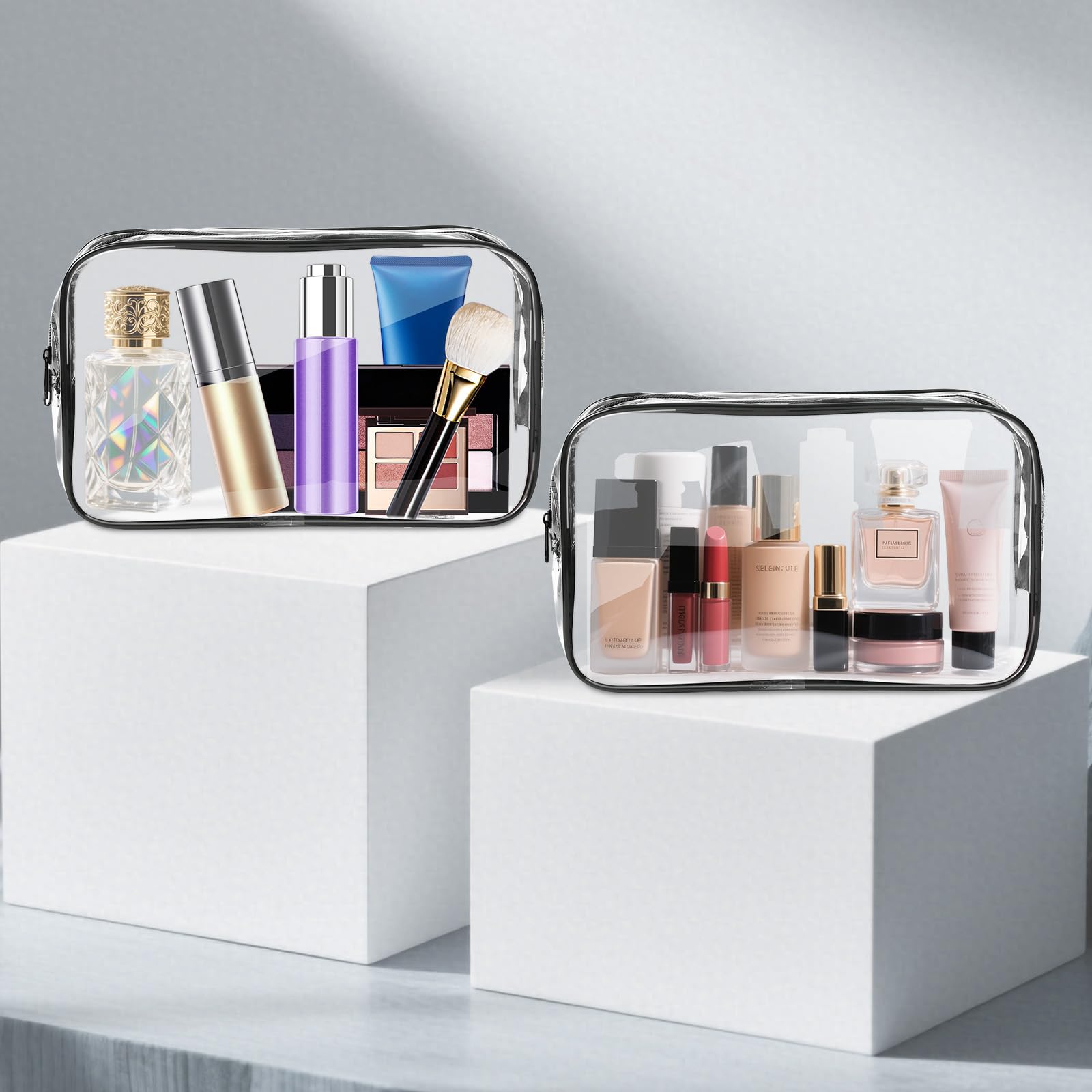 AURUZA Trousse de maquillage transparente – Trousse de toilette approuvée par la TSA pour articles de toilette de voyage, noir, 16 Pack