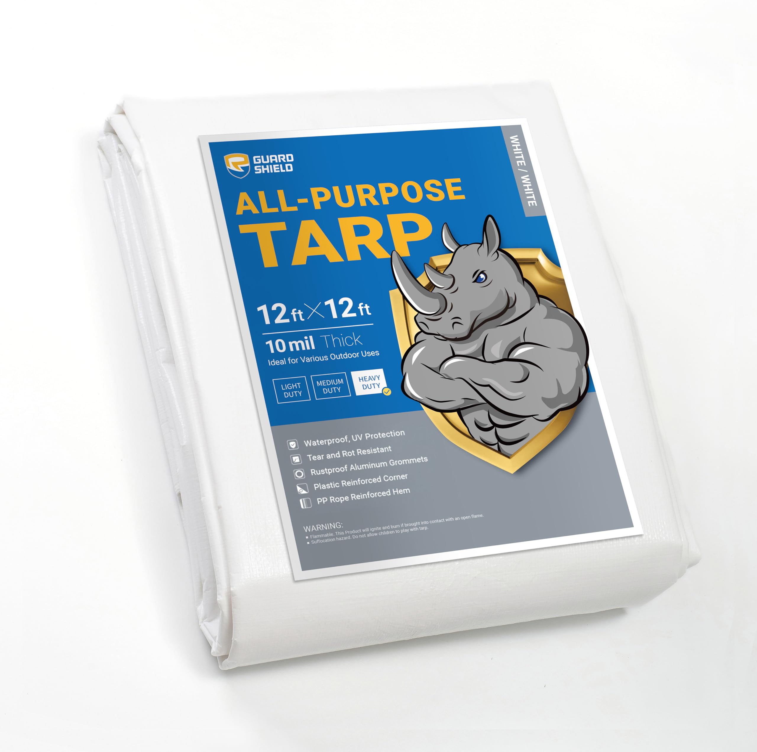 GUARD SHIELD Heavy Duty Tarp 12x12 Feet White Multi Purpose Thick Waterproof Poly Tarp Cover 10mil