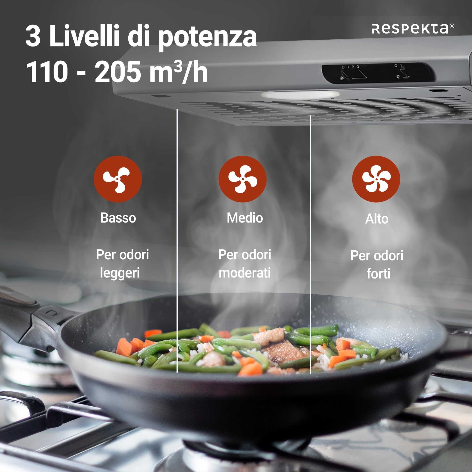 Respekta Cappa aspirante da incasso/cappa aspirante da incasso 50 cm/struttura in metallo con effetto acciaio inox/funzione di espulsione e ricircolo dell'aria / DH540IXL / C / 52 – 68 dB