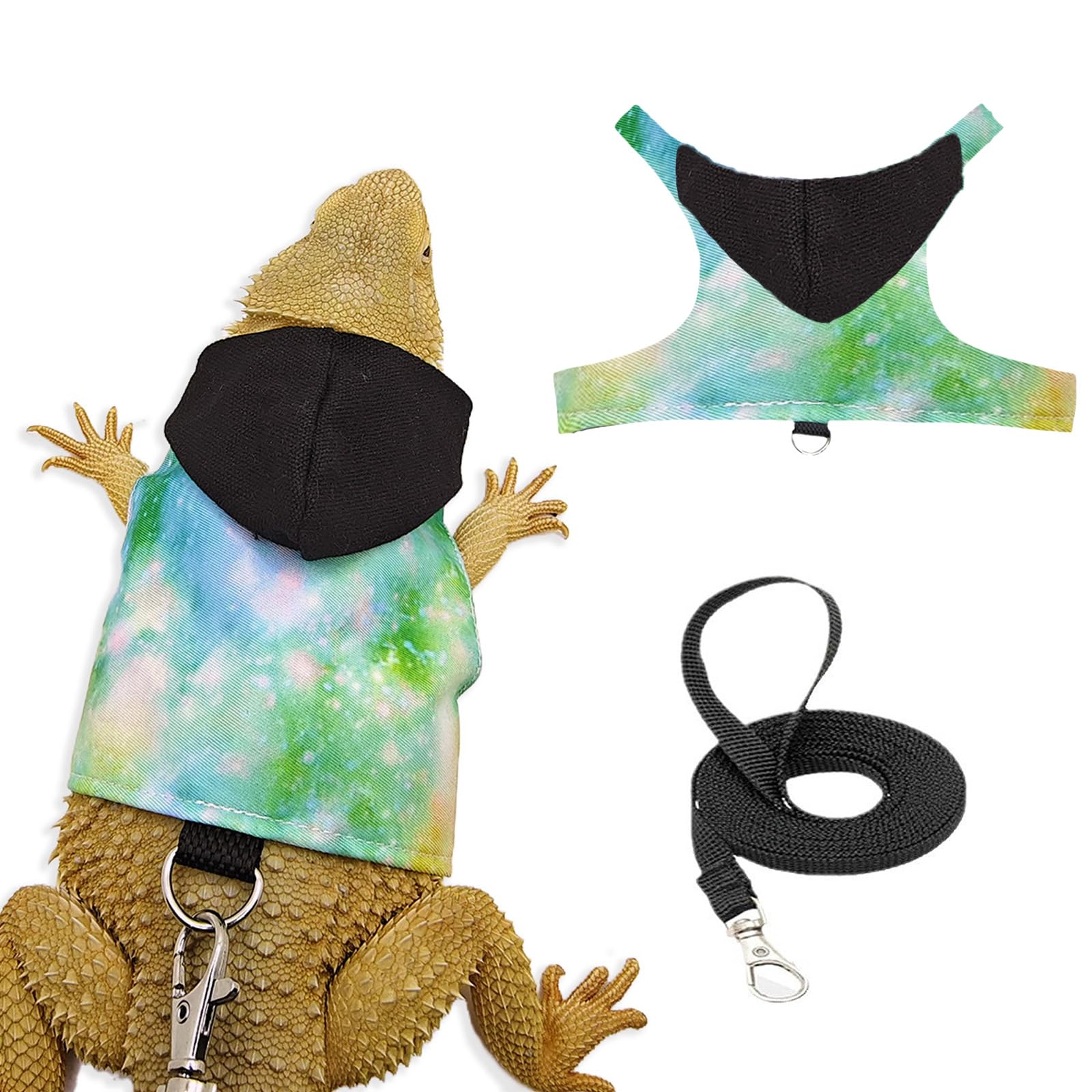 Bearded dragon lizard hoodie leash suit reptile pet outdoor chest harness chameleon squirrel leash hooded clothes suitable for bearded dragon lizard reptiles(Black hat)