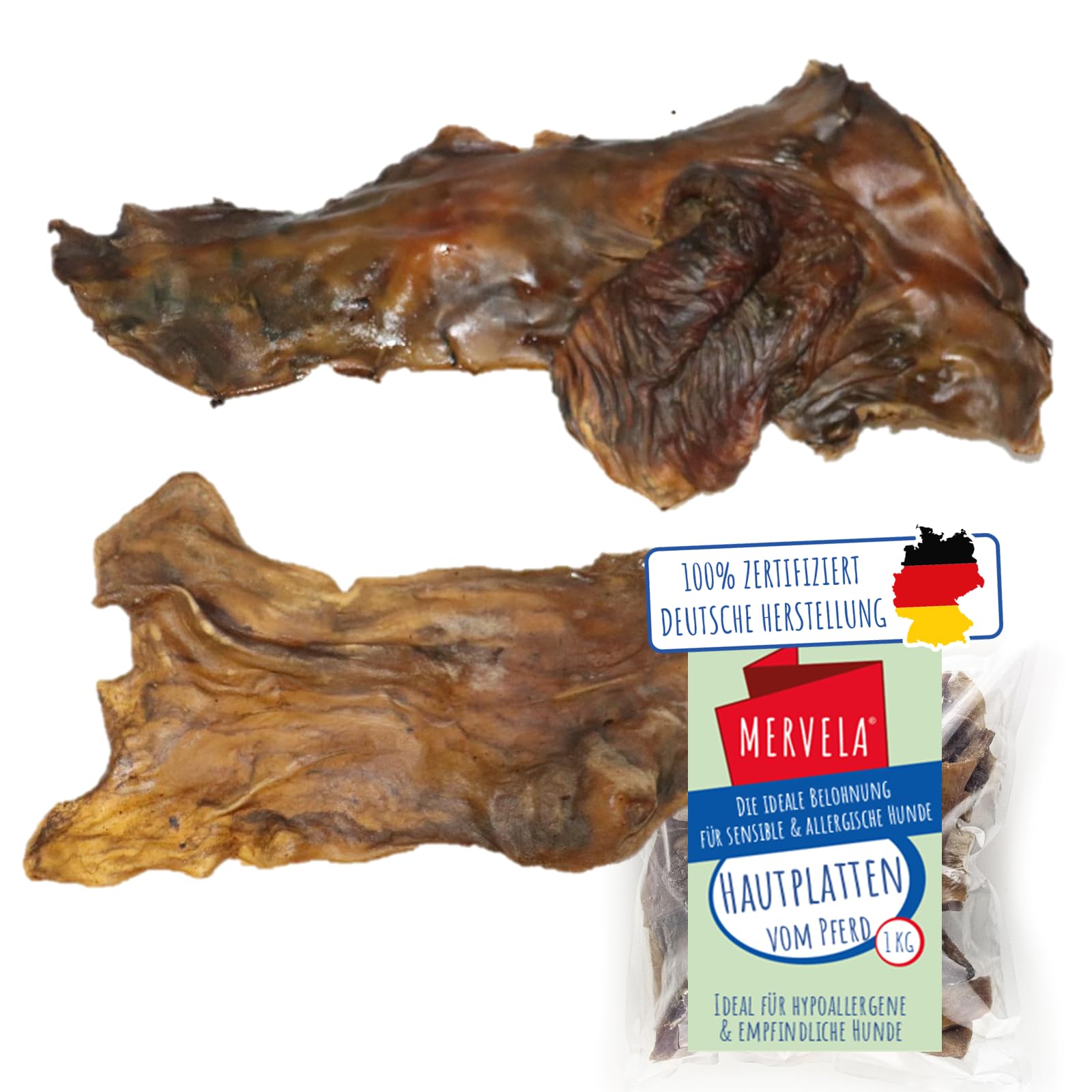 MERVELA Pferdehautplatten | 100% Pferd pur | 1 Stück | Haut Hautplatten vom Pferd getrocknet | Qualität aus Deutschland | ideal für hypoallergene, allergische und Sensible Hunde