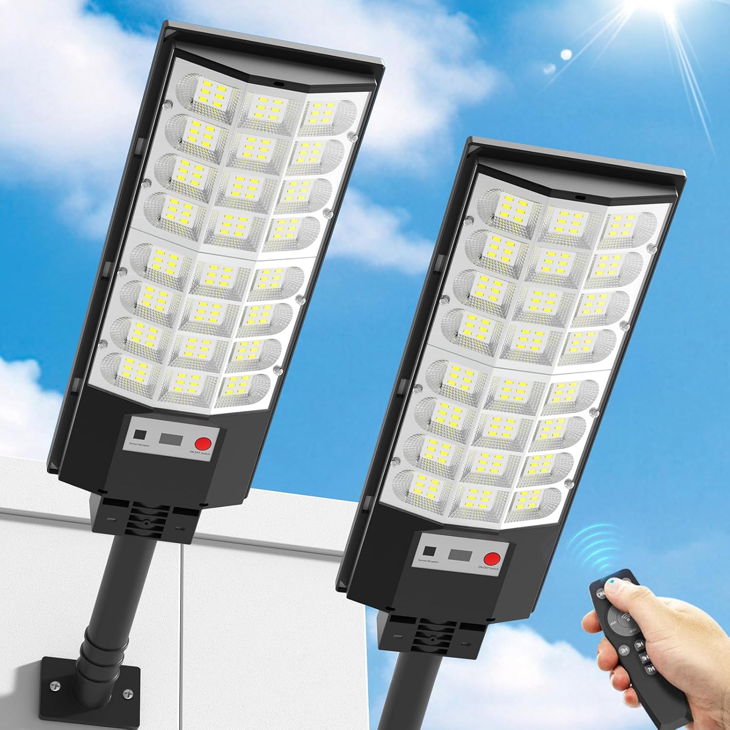 Solar Street Lights Outdoor, Solar Lamp IP66 Waterproof Security Flood Light Dusk to Dawn, Motion Sensor with Remote Control for Yard Garden Garage Parking Lot, 4 Pack