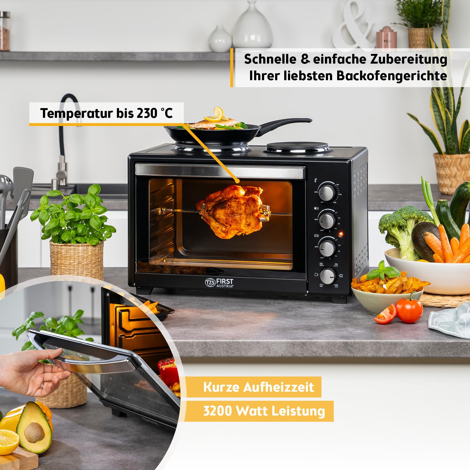 TZS First Austria - Minibackofen mit Kochplatten 45L 3200 W - Mini Backofen Pizzaofen mit Herdplatten bis 230°C & Antihaftbeschichtung - Miniofen Kombigerät mit 4 Einschubhöhen & hochwertigem Zubehör