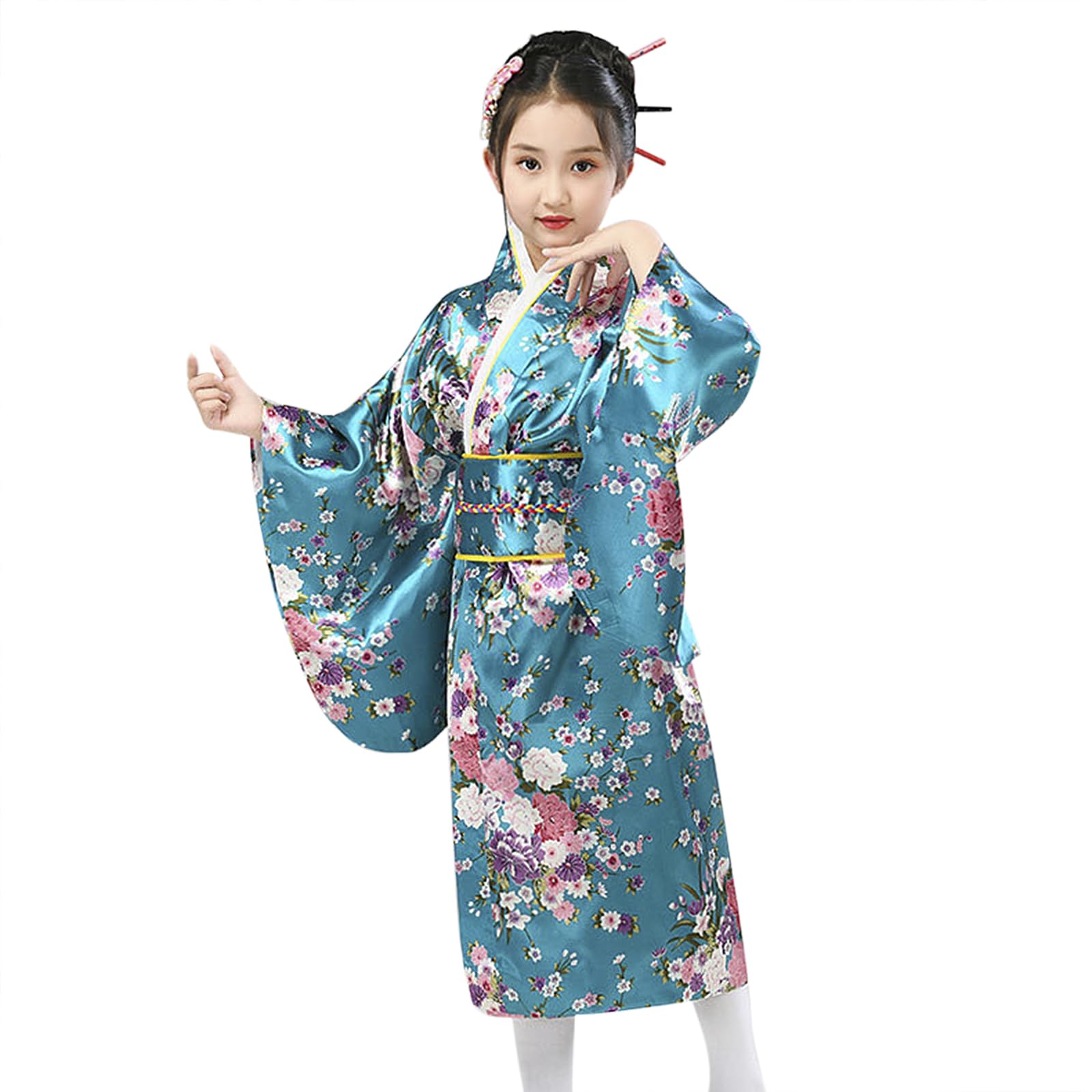 TINAYAUE Kimono Japonais Enfant, Robe de Bain avec Ceinture obi complète pour Photos, Cosplay, Performance Scolaire et Photos, Couleur variés, Taille 100/100/140cm, modèle à Fleurs de Cerisier