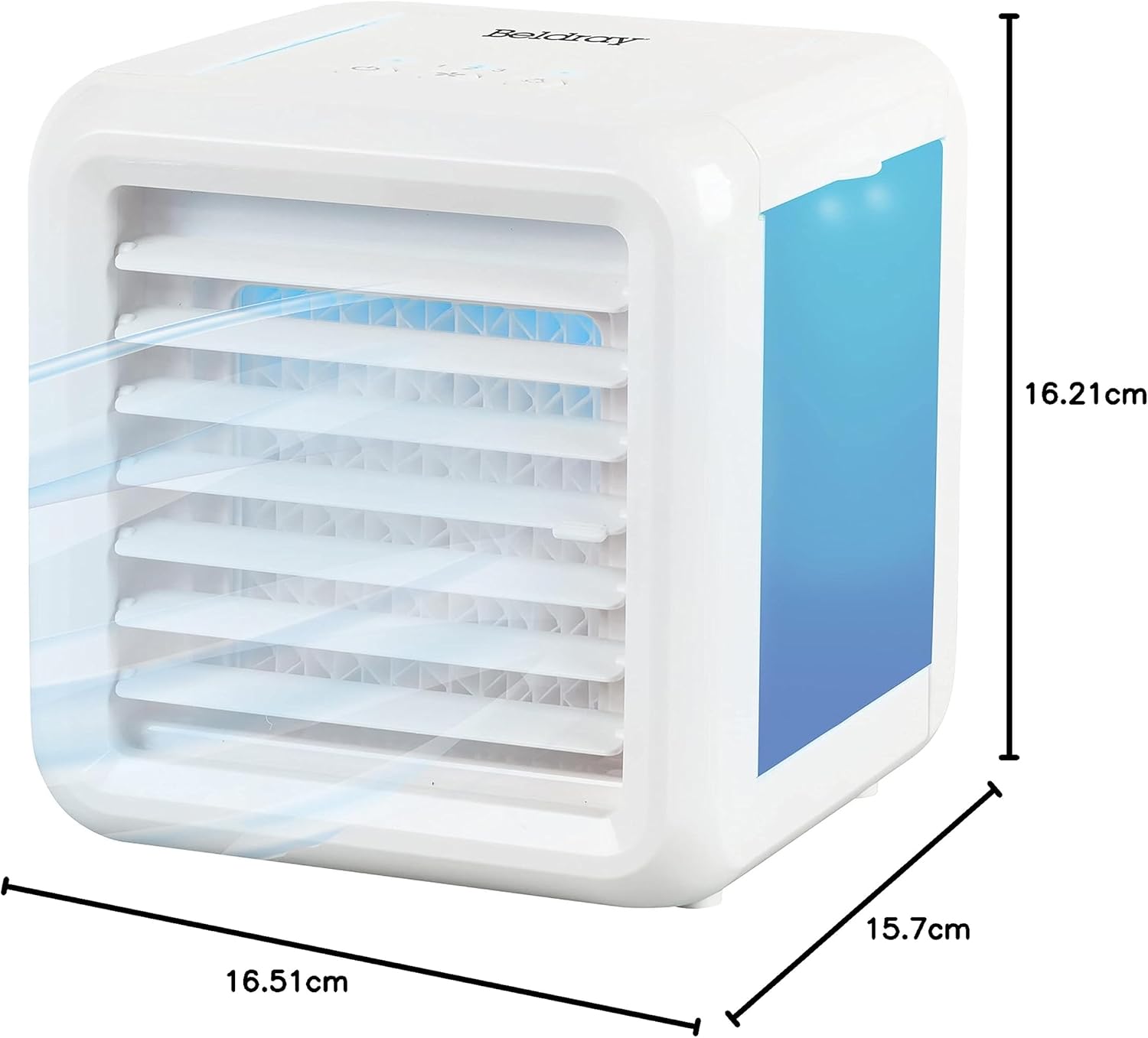 Beldray Ice Cube Plus+ personal space cooler with its dimensions labeled: 16.51 cm length, 15.7 cm width, and 16.21 cm height.