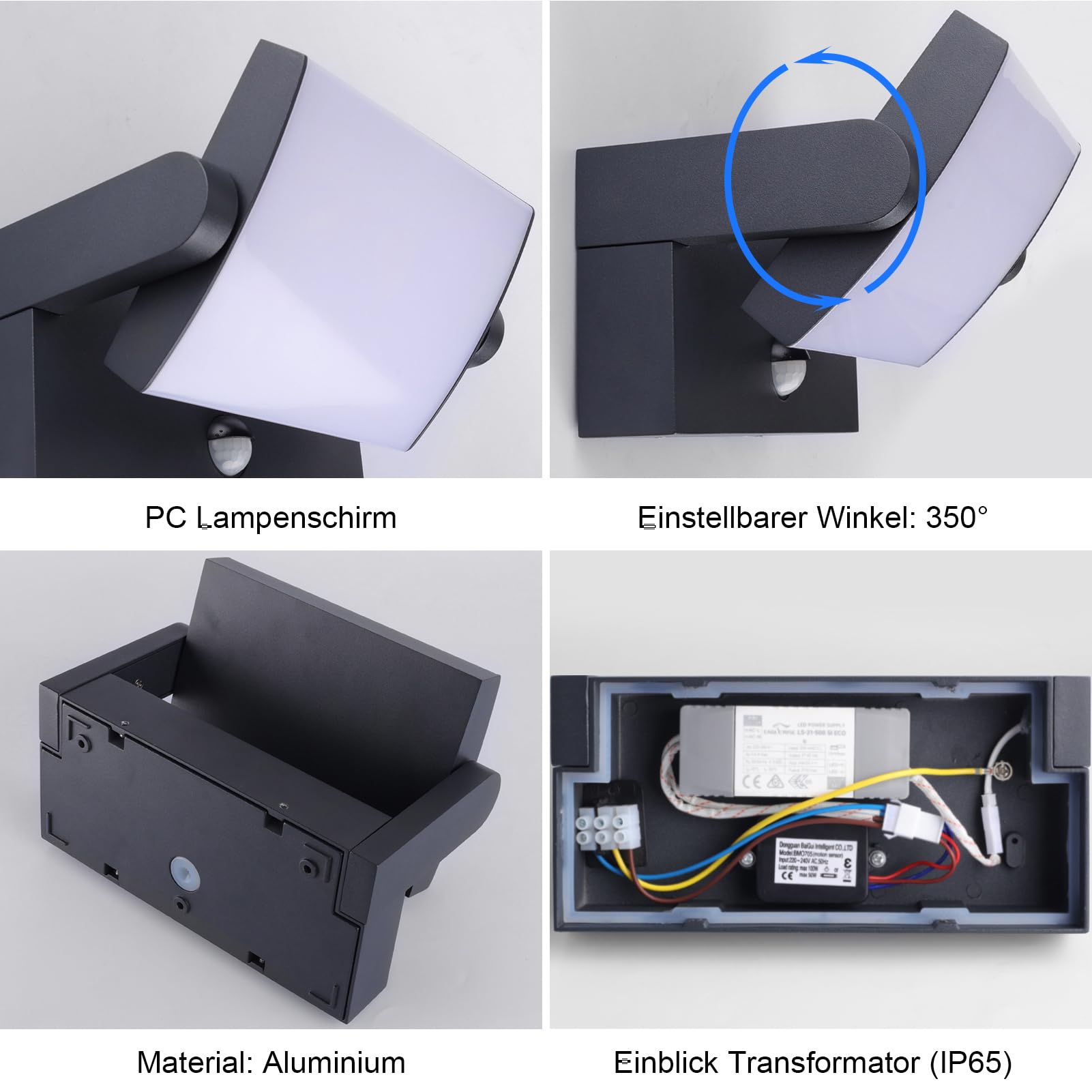Klighten 24W Außenlampe mit Bewegungsmelder Wandleuchte, Anthrazit, 3000K | Wasserdicht IP65, Schwenkbar, Material: Aluminium, 1500 Lumen, fur Aussen/Innen