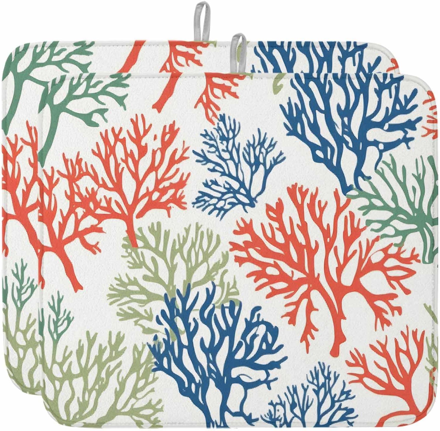 Dish Drying Mat Set of 2 Colorful Coral Microfiber Absorbent Reusable Washable Dish Drying Rack Mat Summer Abstract Coffee Mat for Coffee Maker Bar Kitchen Countertops 16x18inch