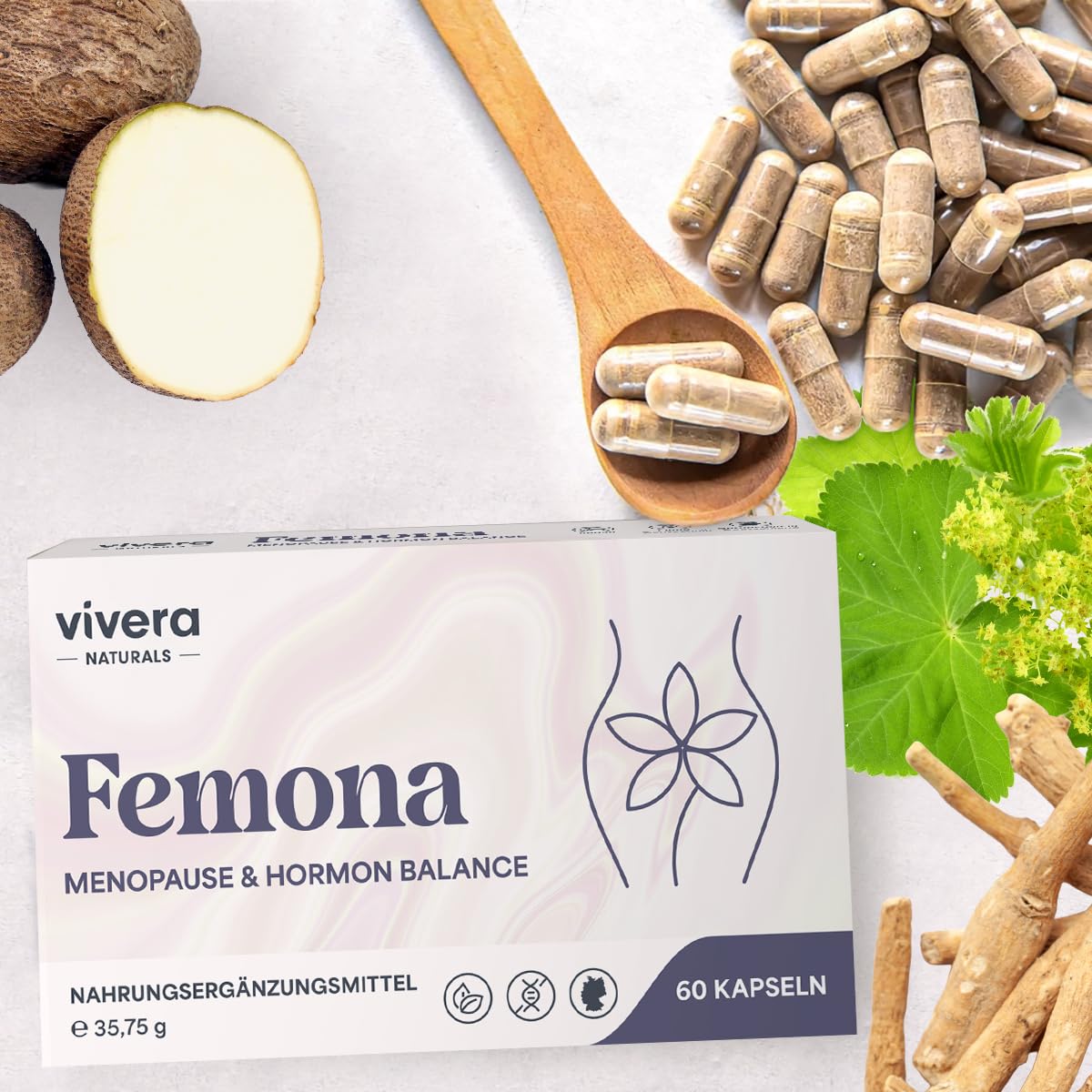 Wechseljahre Kapseln hochdosiert – Yamswurzel Ashwagandha – vegan | Mit Yamswurzel, Ashwagandha, Frauenmantel & Melisse – Vitamin B12, D3, Zink, Folsäure & Eisen – vegan GMO-frei – 60 Kapseln