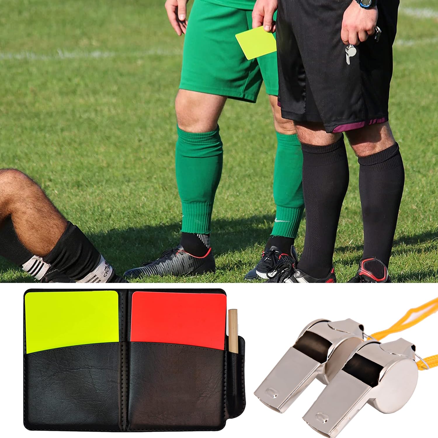 NAMIS Set di Carta Arbitro con Portafoglio Fischietti di Metallo Fischio Allenatore con Cartellino Giallo Rosso per Calcio, Pallacanestro, Sport