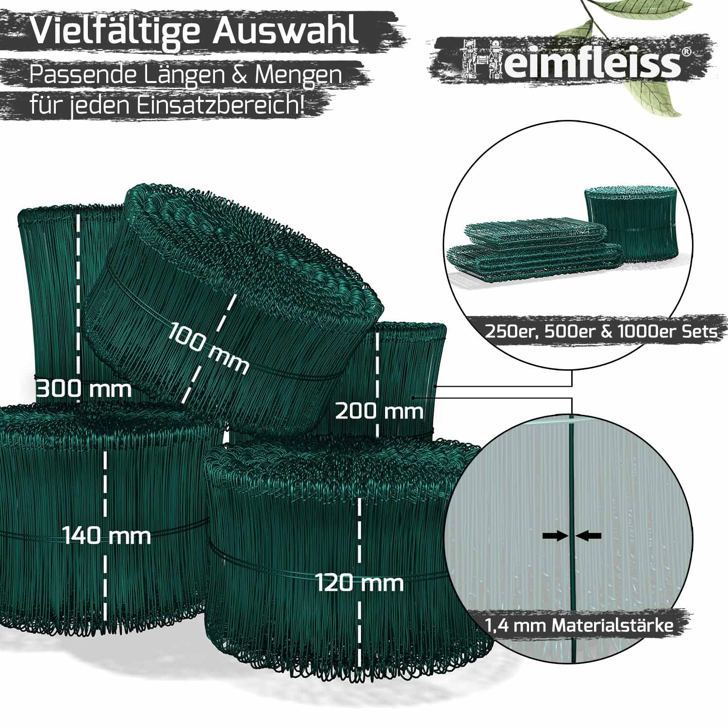 Heimfleiss® Rödeldraht Betonbindedraht 1,4 mm grün ummantelt (1000 Stk) | Rostfreier Ösendraht & Drilldraht für Drillapparat & Rödelzange | PVC-ummantelt, stabil | für Moniereisen, Bau & Garten
