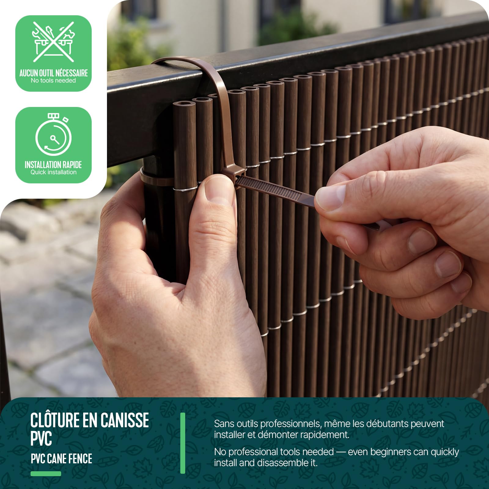 VOUNOT® Cañizo de PVC Imitación a Mimbre Cerramiento Mimbre Artificial en PVC Alta Durabilidad con Bridas Cañas Enteras de 7,5 mm Valla de Decoración para Jardín y Terraza Ocultación Exterior 1x5M — view 6