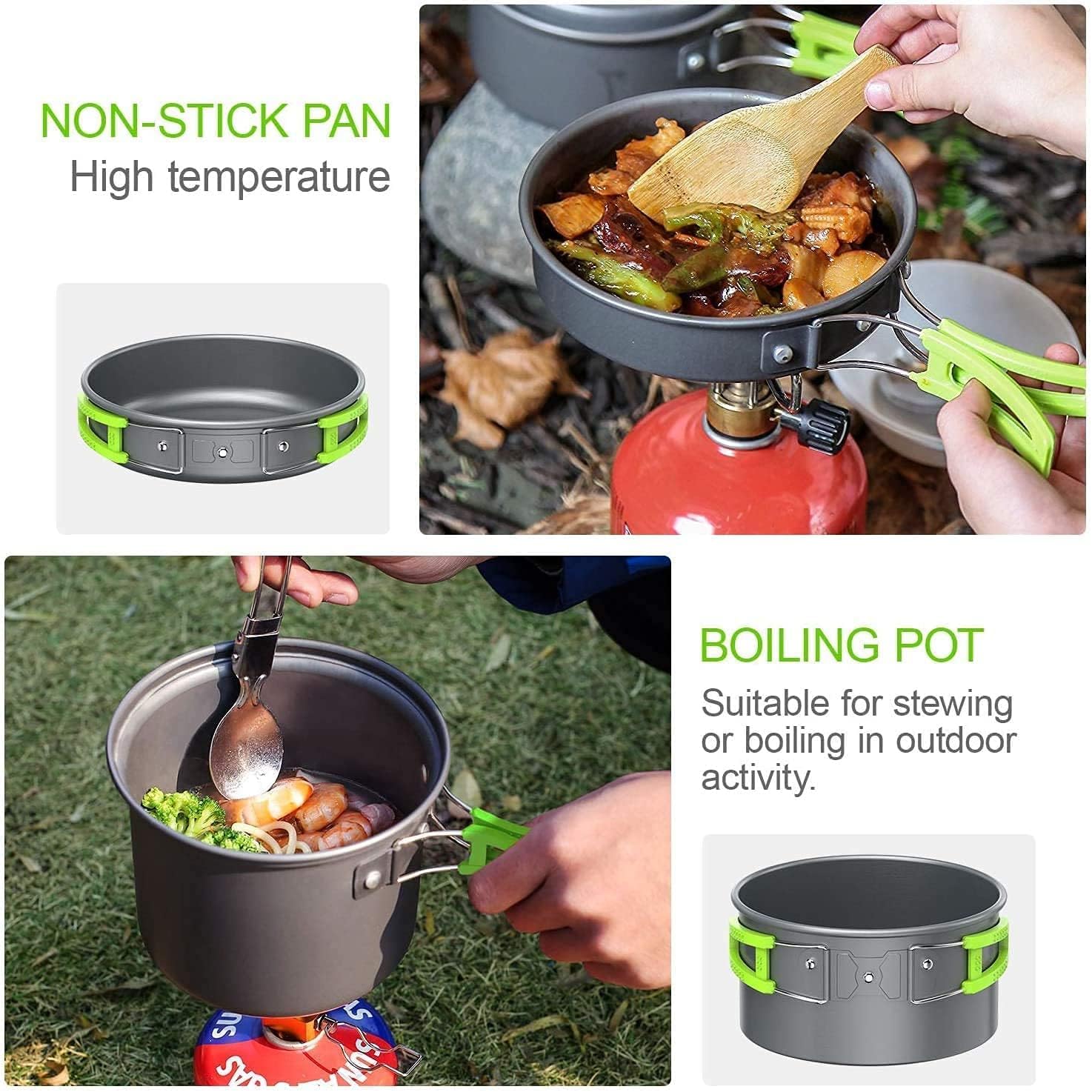 14PCS Kit de Utensilios Cocina Camping,Camping Kit de Portátil y Liviano Acero Inoxidable Cocina Camping Ollas y Sartenes para Acampada,Excursión,Escalada,Senderismo