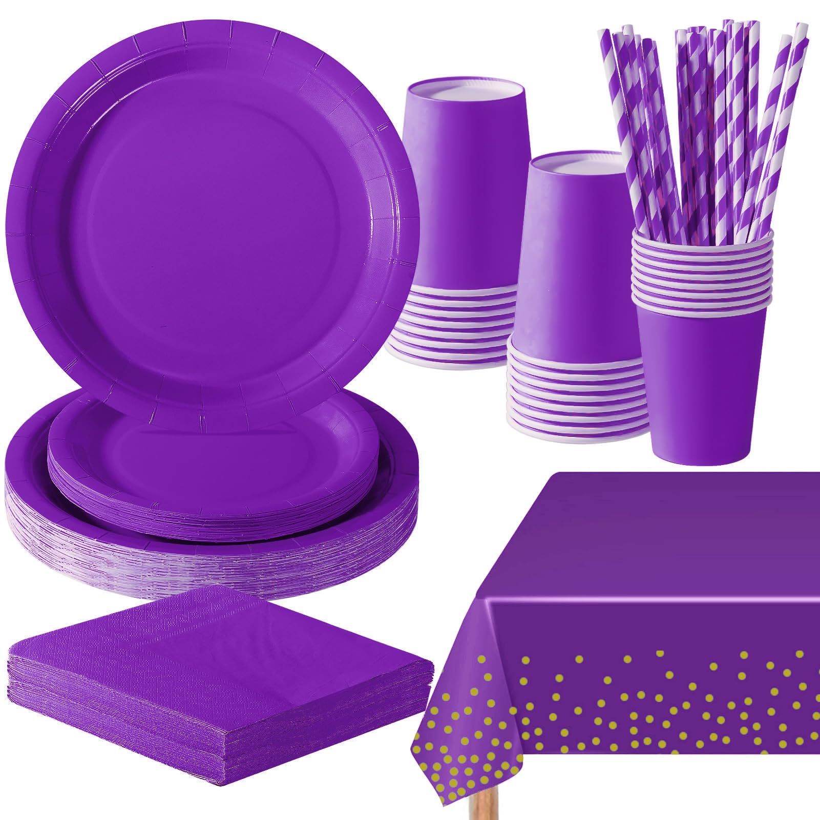 PYAILI 121 Pcs Deep Purple Party Tableware Set, Paper Plates Cups Napkins Tablecloth, Dinnerware Set for Kids Adult Birthday,Wedding,Baby Shower Party Tableware