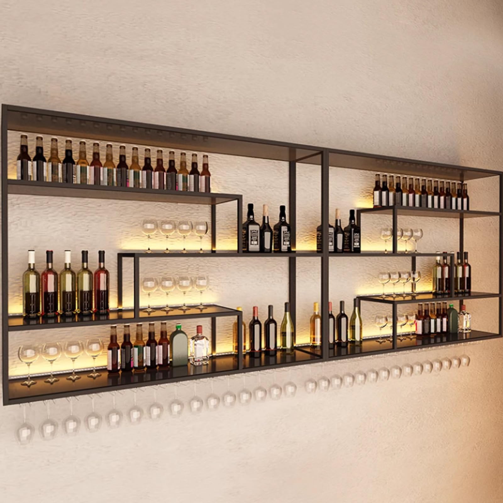 Wall Bar Shelves Industrial Pipe Shelving With 4 Stem Glass Holder, 4-Tiers Rustic Floating Wine Rack Wall Mounted Bar Liquor Shelf, 42 In Hanging Wood Shelves Glass Rack, Living Room Kitchen Decor - View #4