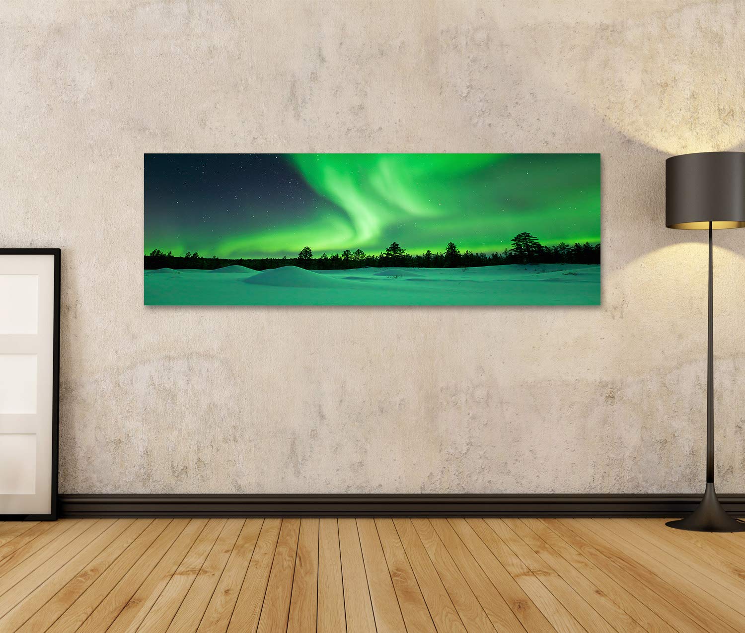 islandburner Aurora Borealis Über Winterlandschaft Finnisch Lappland Spektakuläre Nordlichter - Leinwand 120x40cm - Panorama