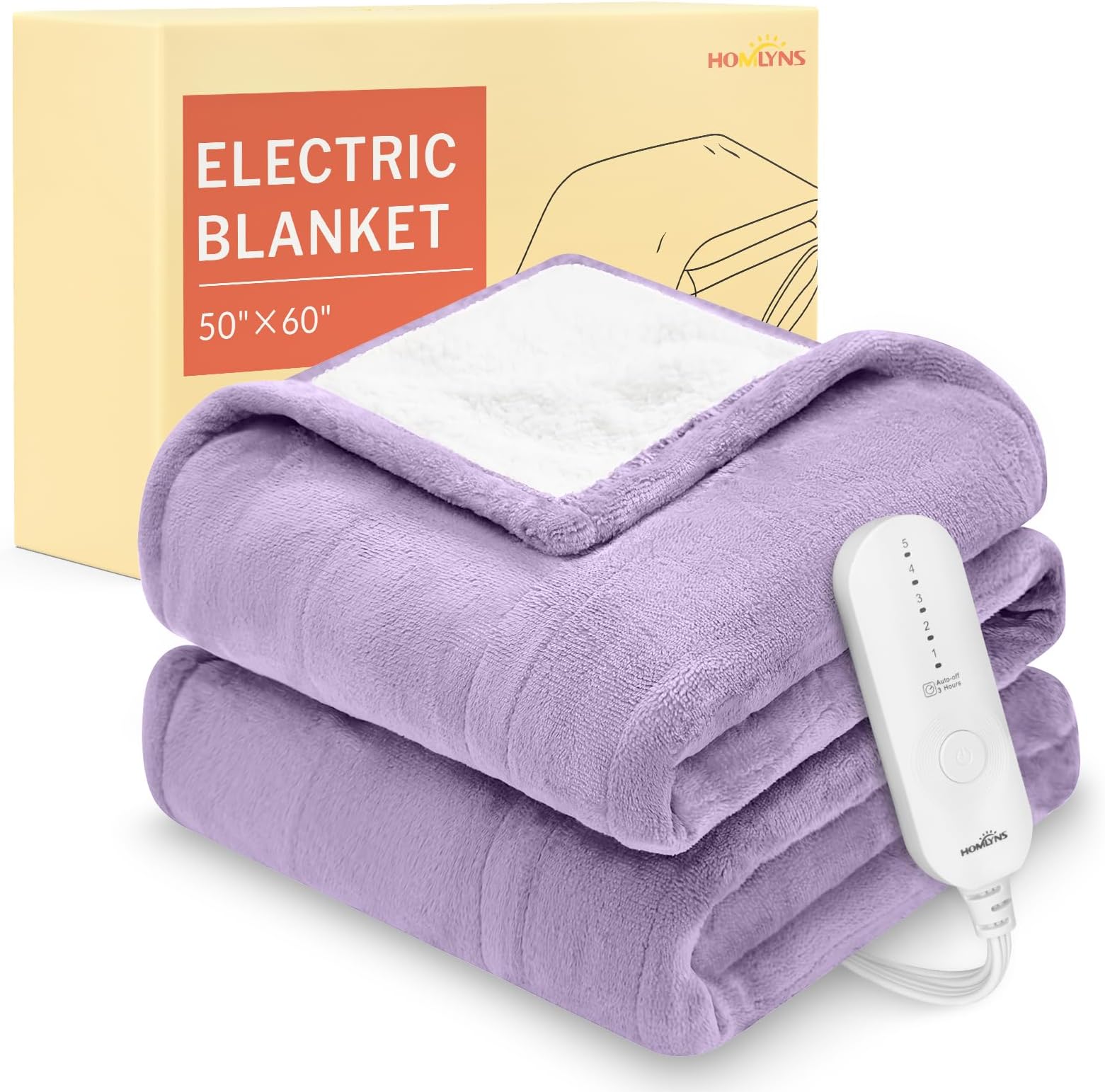 HOMLYNS LuxeHeat Heated Blanket Electric Blanket, Soft Flannel Sherpa Heated Throw, Heating Blanket with 5 Heat Settings, 3 hrs Timer Auto Shut Off (50x60 inches, Purple), Only for 120V Voltage Use