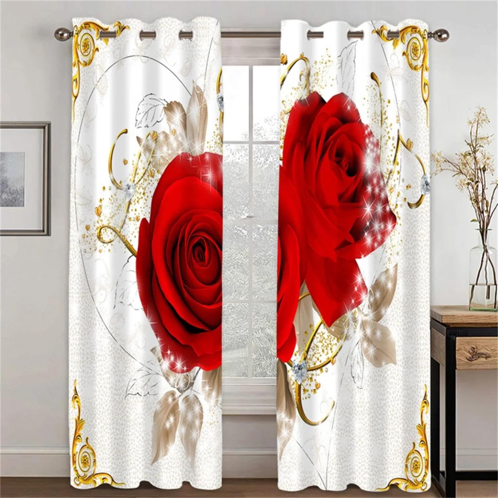 Rideaux de salon grand format fleurs rouges motif rose dorée