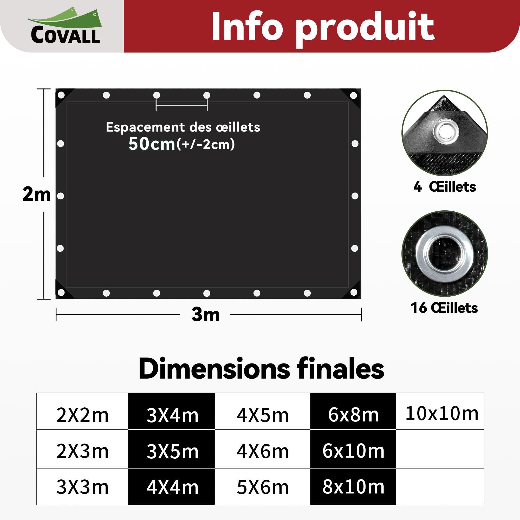 bâche Noire imperméable 115g/m² 2x3m, Protection extérieure, Anti-UV, Anti-déchirement, œillets métalliques Tous Les 50cm, Fixation Facile, pour Jardin, poulailler, Bois, Piscine, toiture