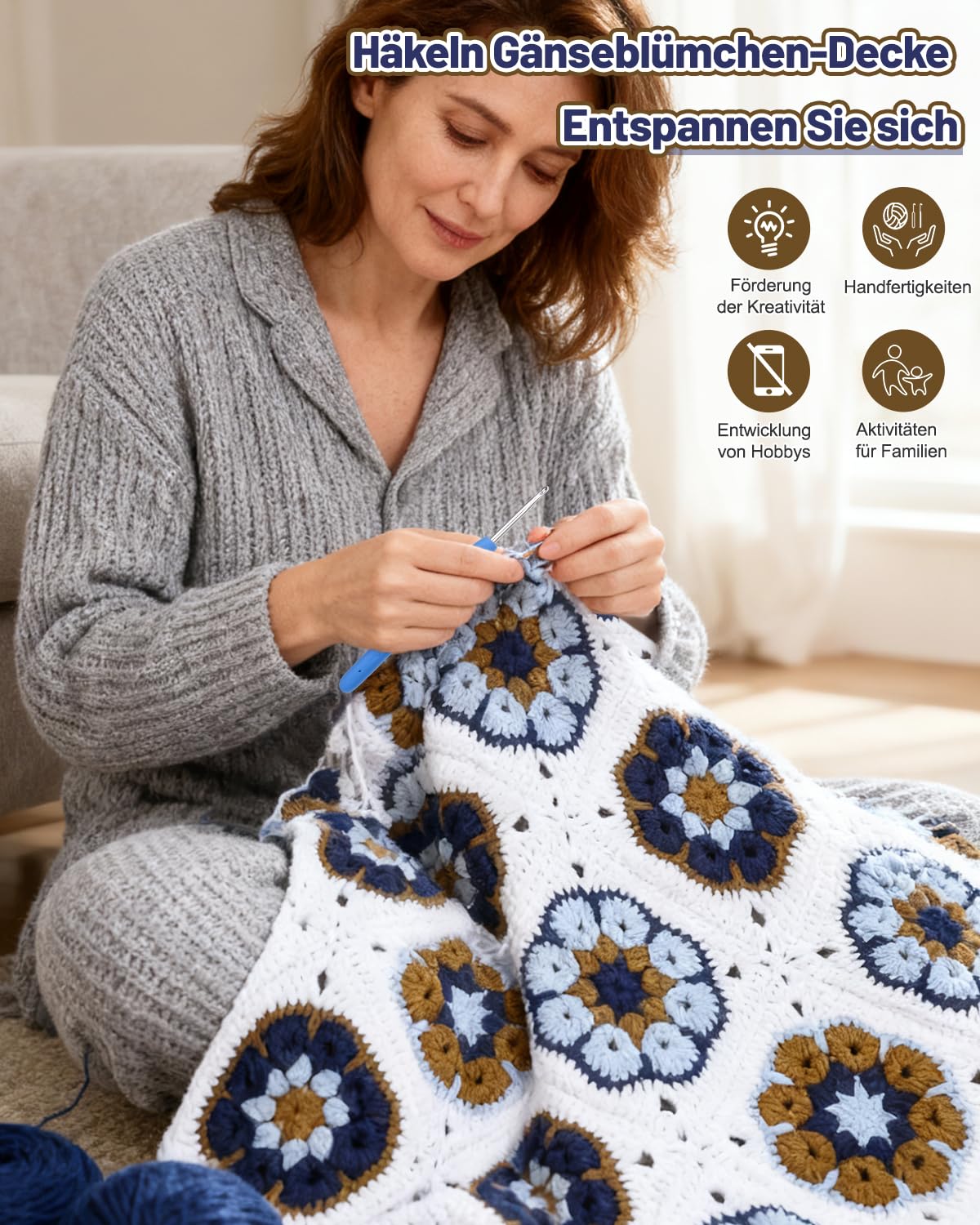 Coopay Granny Square - Set di uncinetti per principianti e professionisti, set completo per uncinetto con filato per uncinetto, istruzioni (lingua italiana non garantita), video tutorial, set di