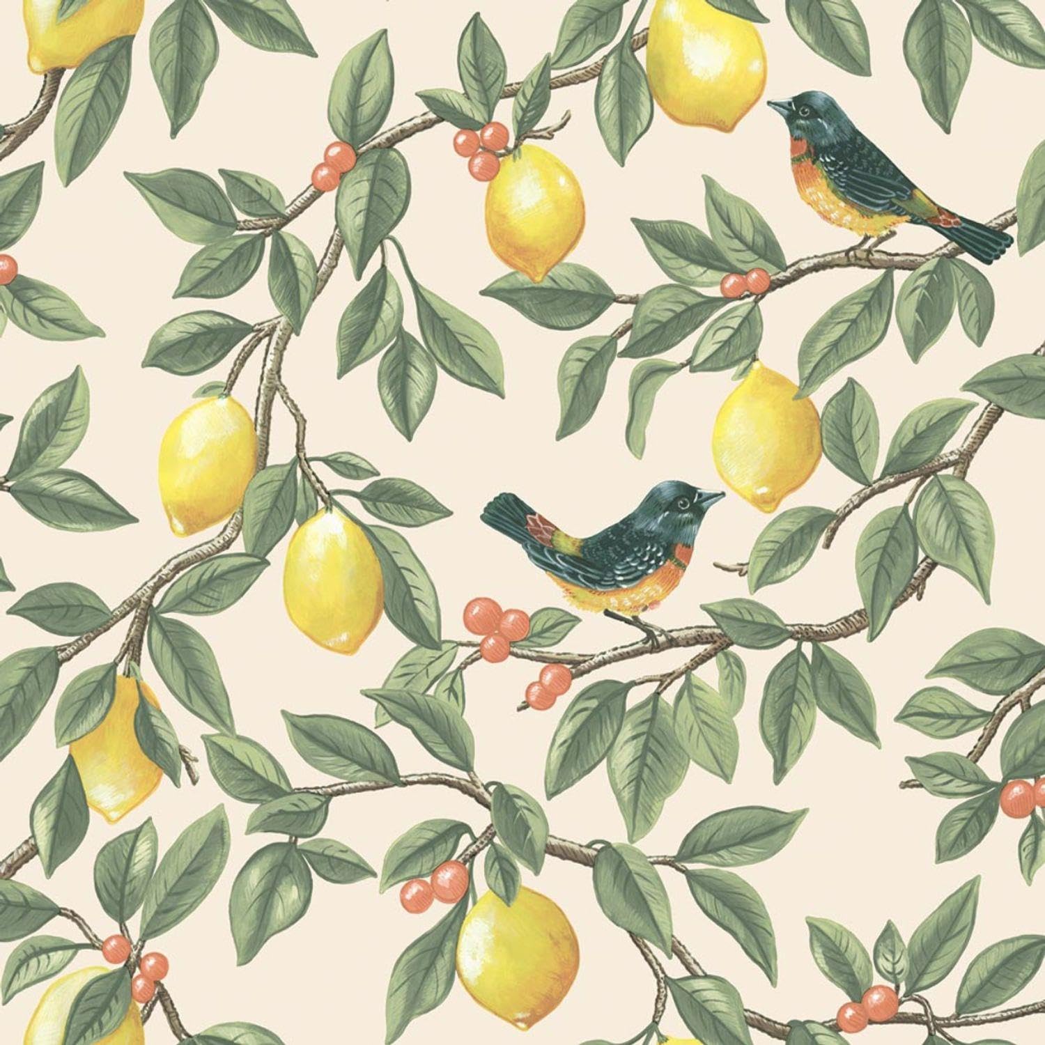 Yöl Cream Lemon Leaf Trail Orange Wallpaper - Botanical Birds Berries - Traditional Balanced - Paste The Paper