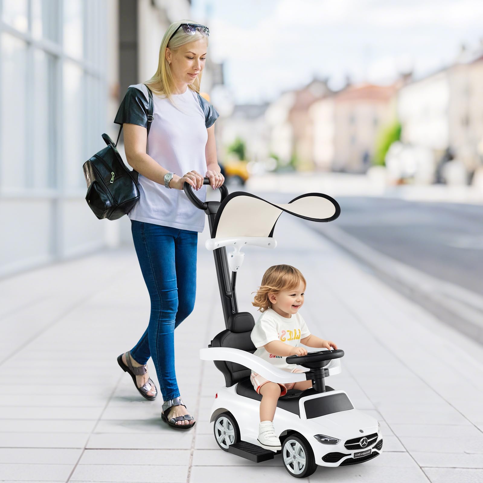 SOARS Macchina Cavalcabile per Bambini con Licenza Mercedes-Benz 3 in 1, Capote Regolabile, Guida Realistica con Volante e Clacson, Capacità di Carico 25 KG, per Bambine e Bambini 1-3 Anni (Bianco)