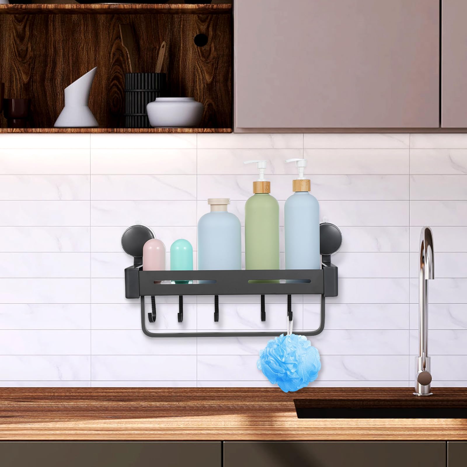 Estante de Almacenamiento de Aluminio y Plástico con Ventosa Organizador de Especias y Utensilios Ahorro de Espacio Práctico para Cocina y Despensa