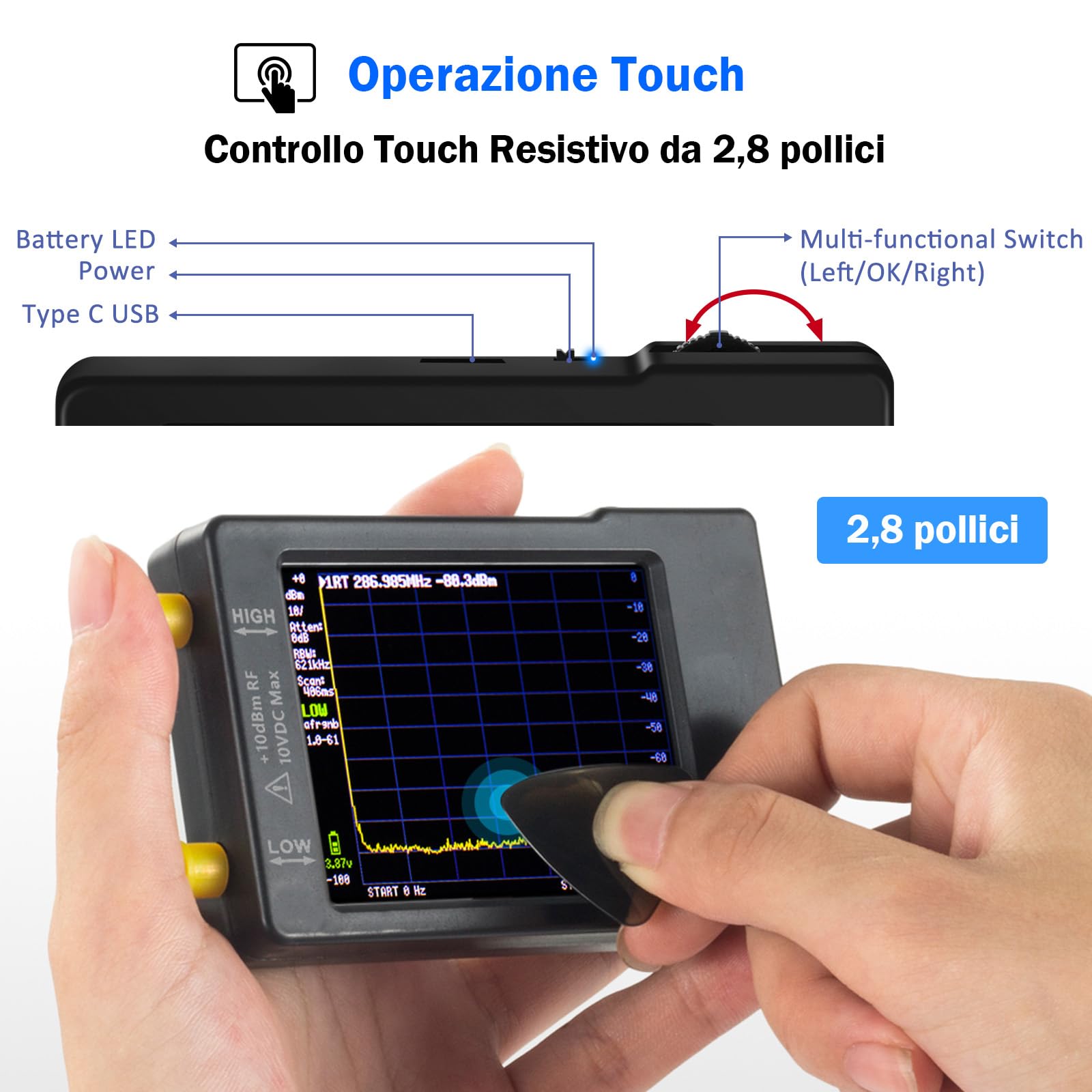 Analizzatore di spettro portatile AURSINC V0.3.1, 100 kHz-960 MHz, FM/MF/HF/VHF/UHF, touchscreen 2,8 pollici, protezione ESD